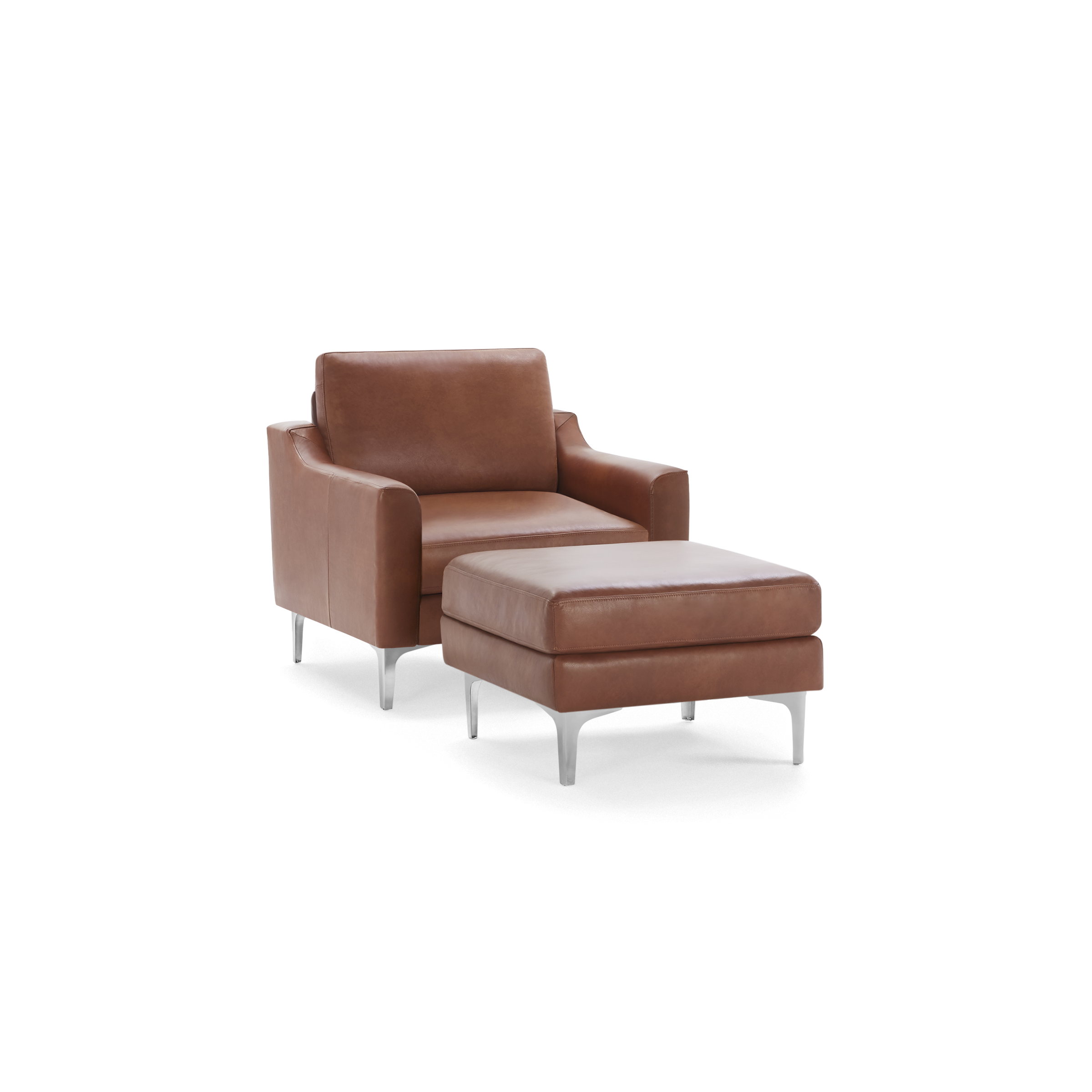 Modern brown leather armchair with matching ottoman, both featuring sleek silver metal legs and cushioned seats.