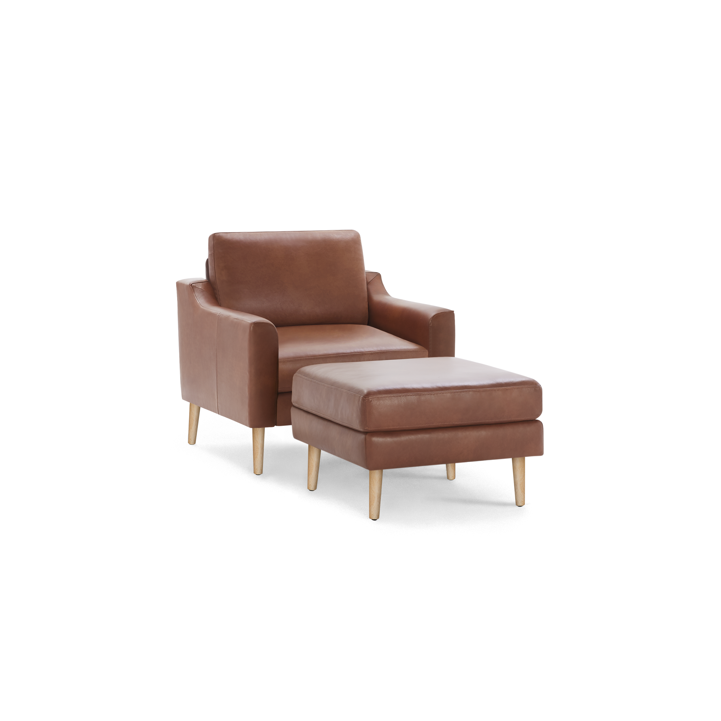 Brown leather armchair with matching ottoman, featuring light wooden legs and a modern, minimalist design.