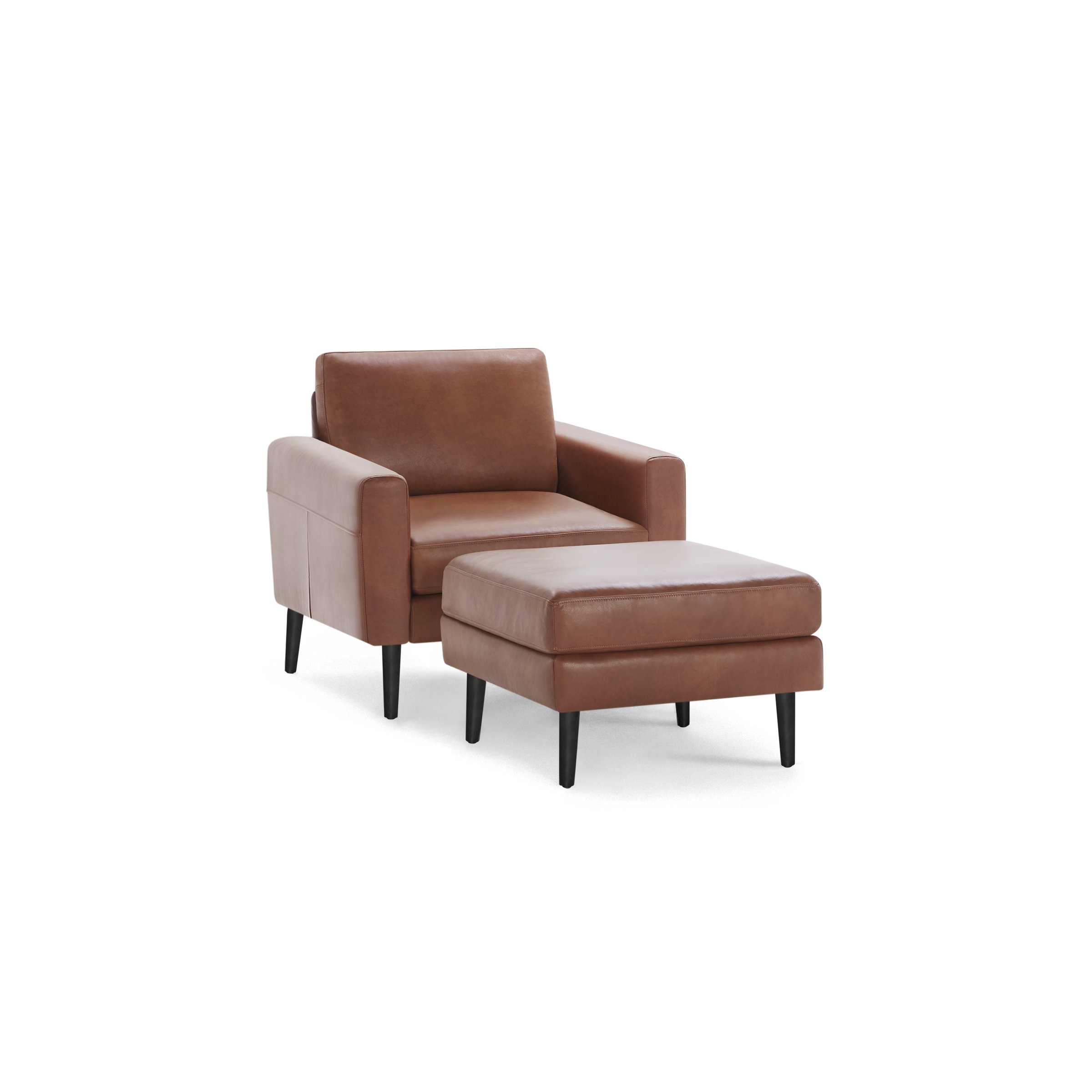 Brown leather armchair with matching ottoman, featuring black tapered legs and clean, modern lines.