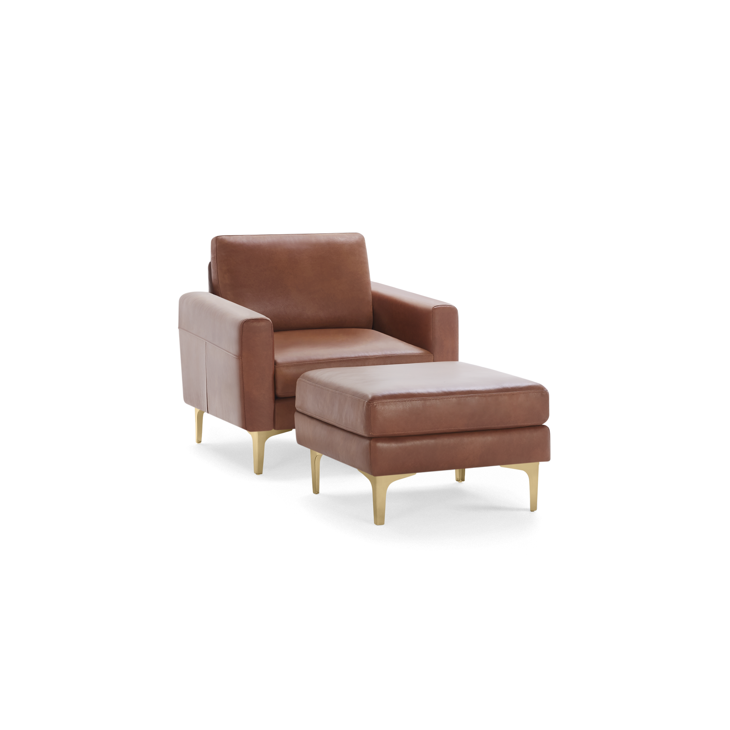 Modern brown leather armchair with matching ottoman, featuring sleek gold metal legs and cushioned seating for comfort.