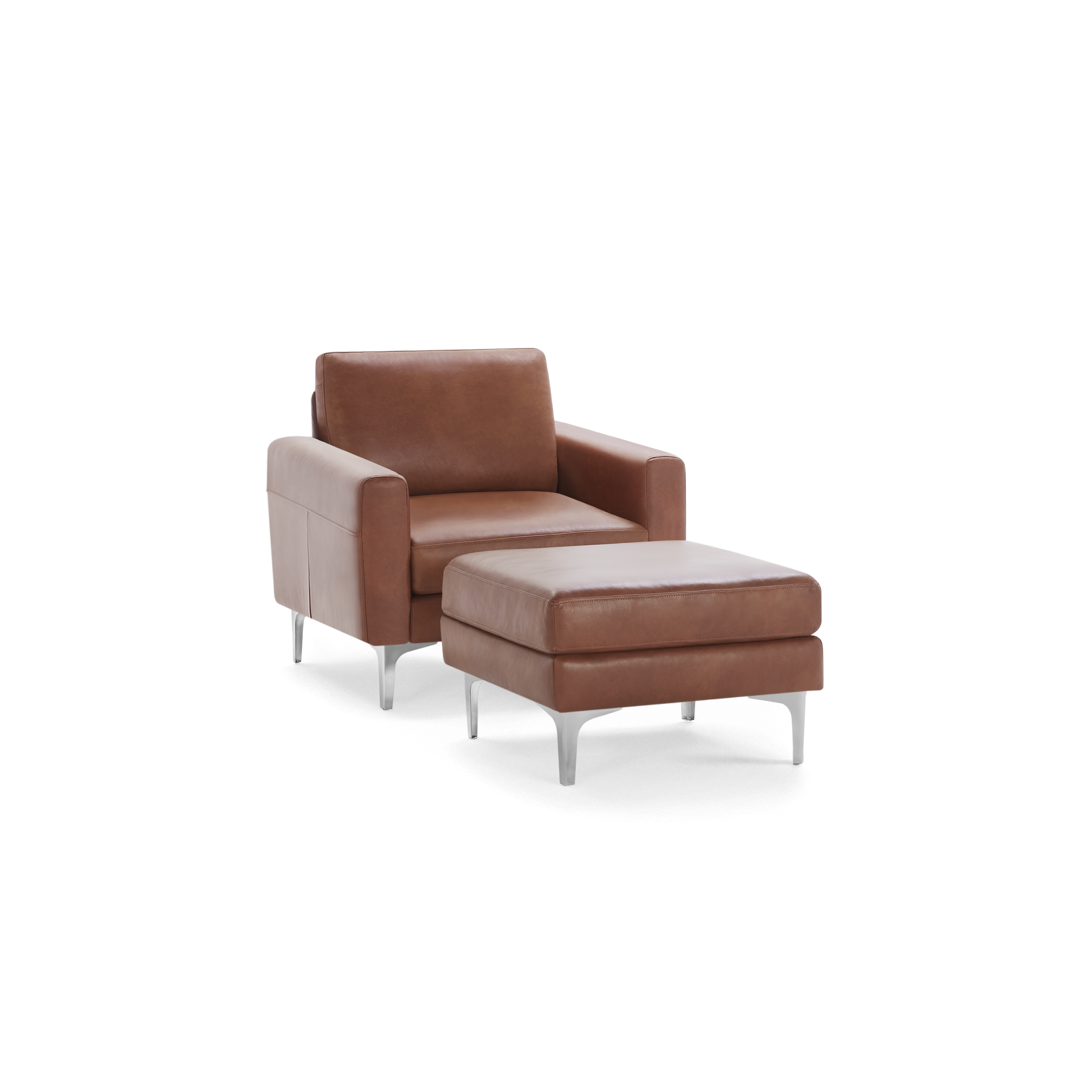 Modern brown leather armchair with matching ottoman, both featuring sleek metal legs and clean lines.
