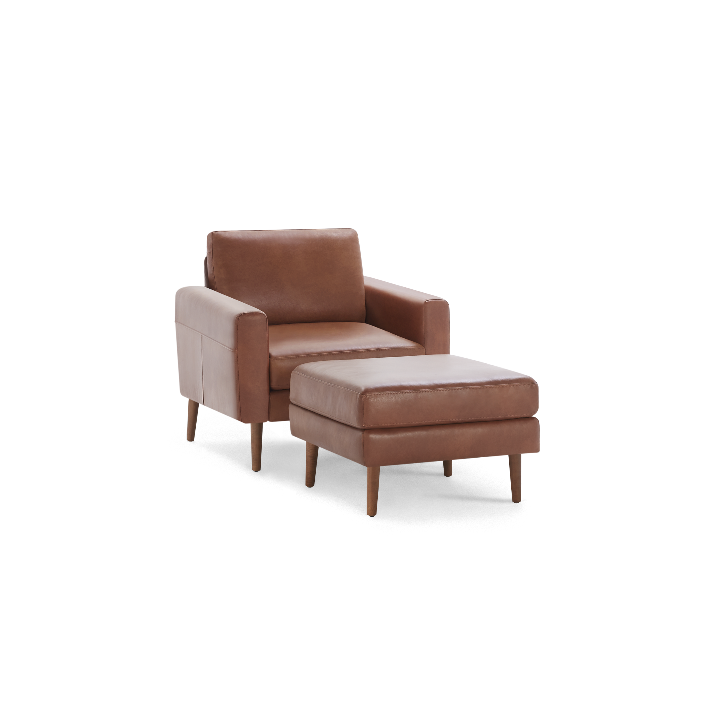 Brown leather armchair with matching ottoman, both featuring wooden tapered legs and modern, clean lines.