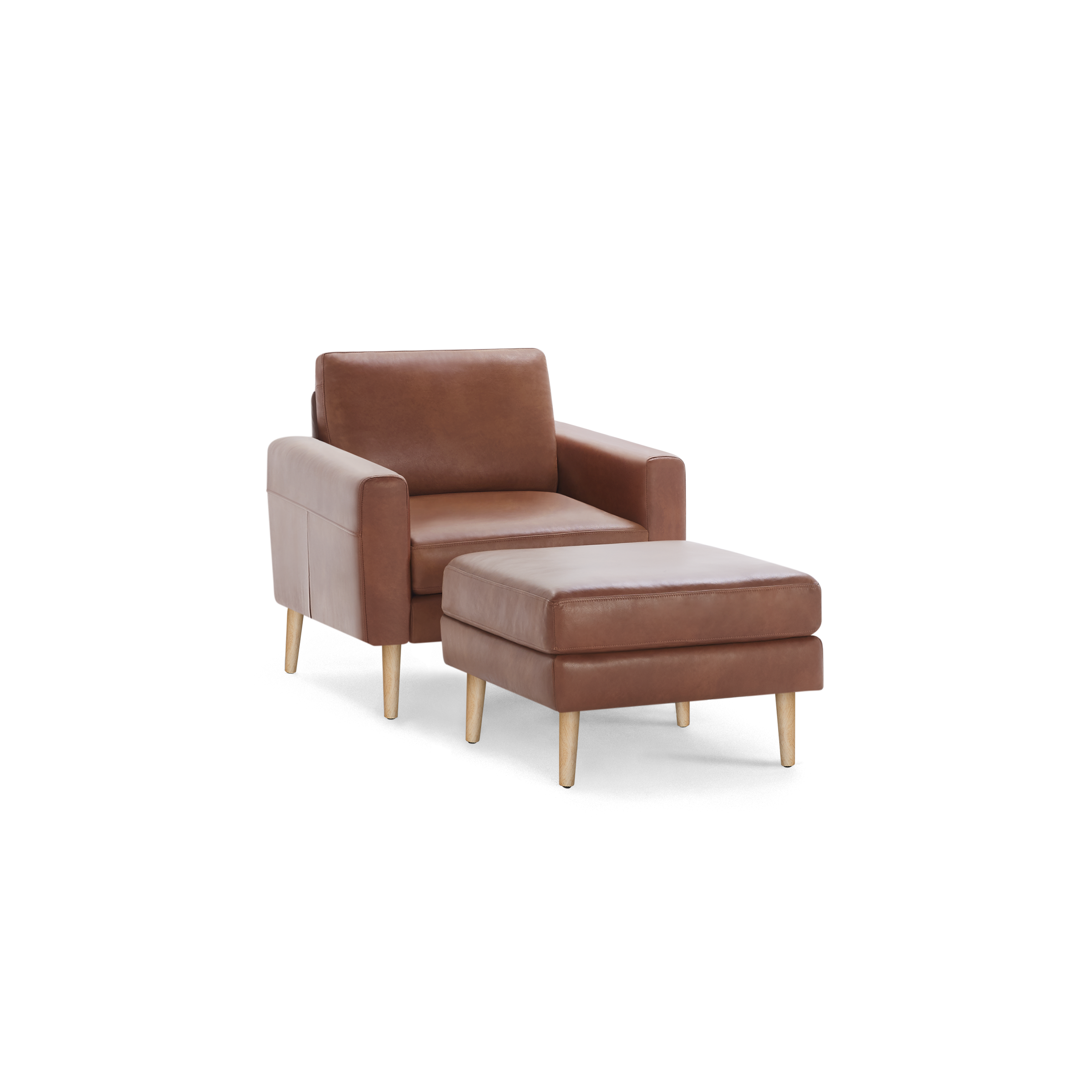 Brown leather armchair with matching ottoman, both supported by light wooden legs, shown on a transparent background.