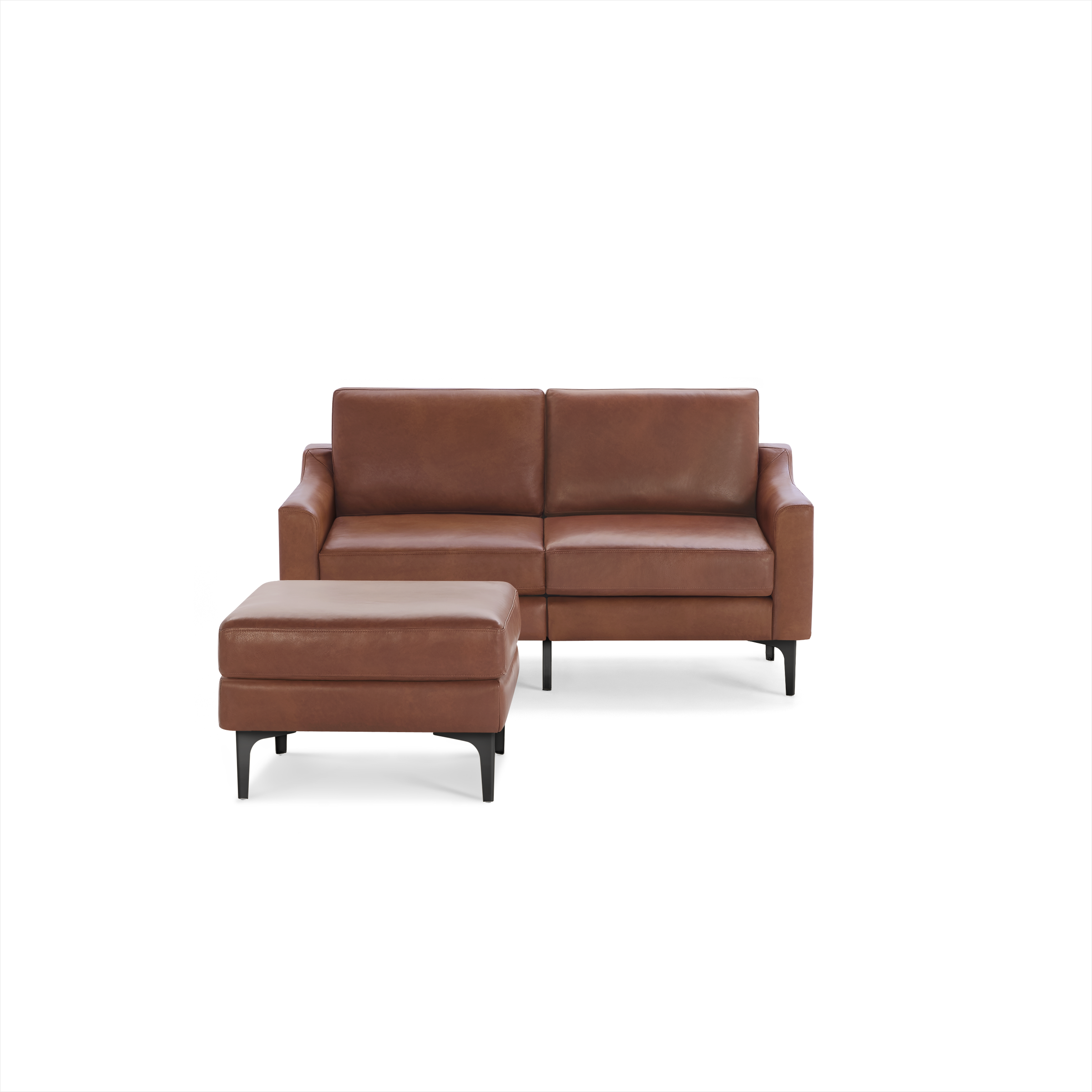 Modern two-seater brown leather sofa with matching ottoman, featuring sleek black metal legs and clean lines.
