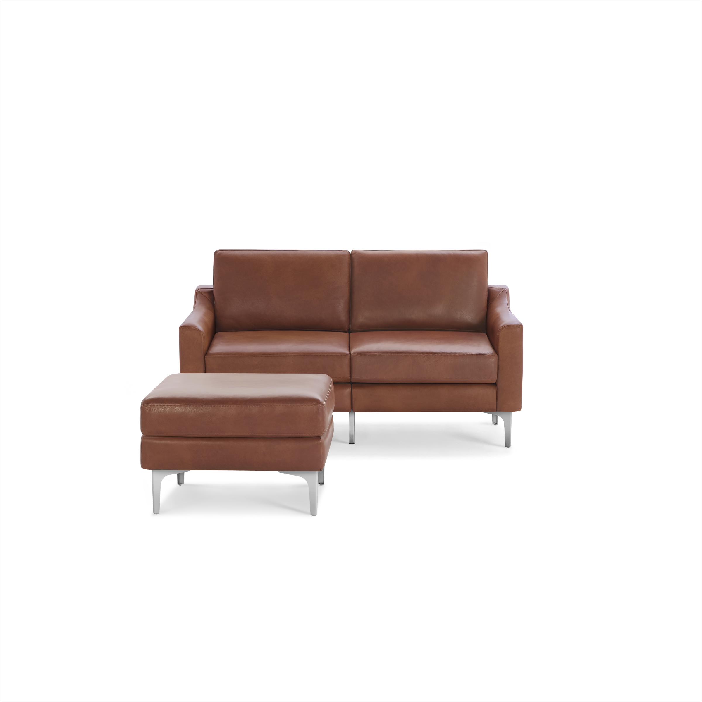 Modern brown leather two-seater sofa with matching ottoman, featuring sleek metal legs and clean, minimalist design.