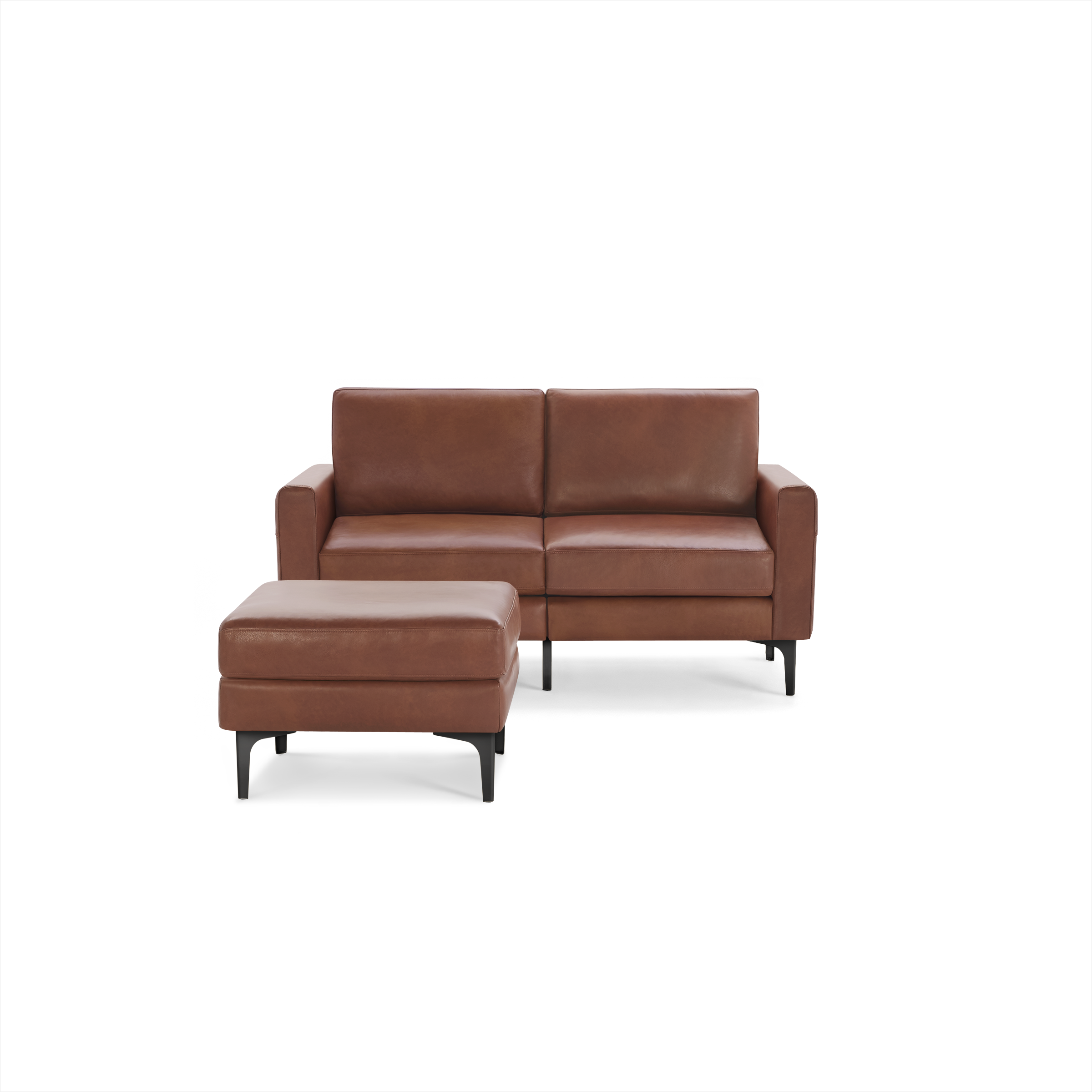 Modern brown leather two-seater sofa with matching ottoman, featuring clean lines and black metal legs.