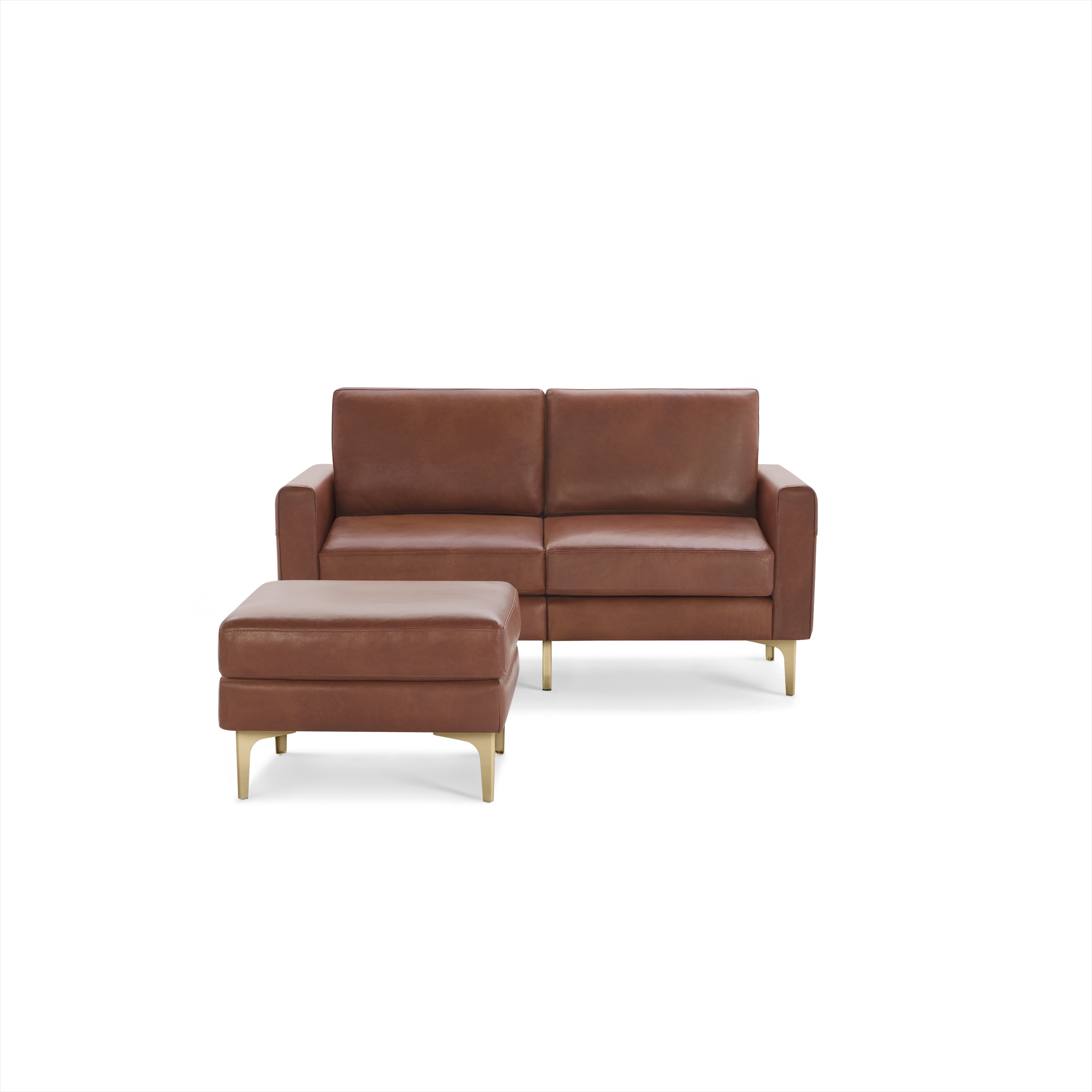 Modern brown leather loveseat with matching ottoman, featuring sleek gold metal legs and a minimalist design.