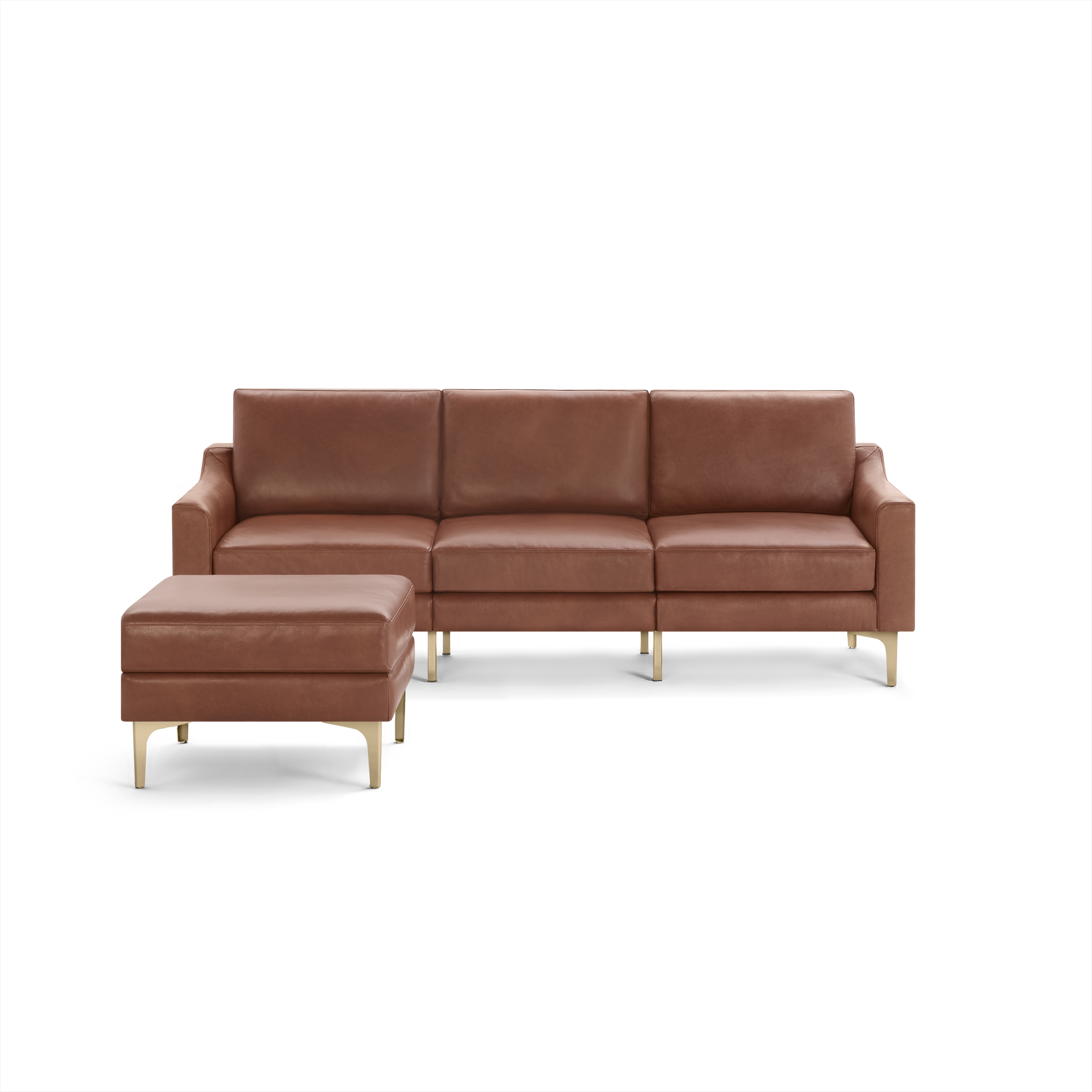 Three-seater modern brown leather sofa with matching ottoman, featuring slim light wooden legs and clean, straight armrests.