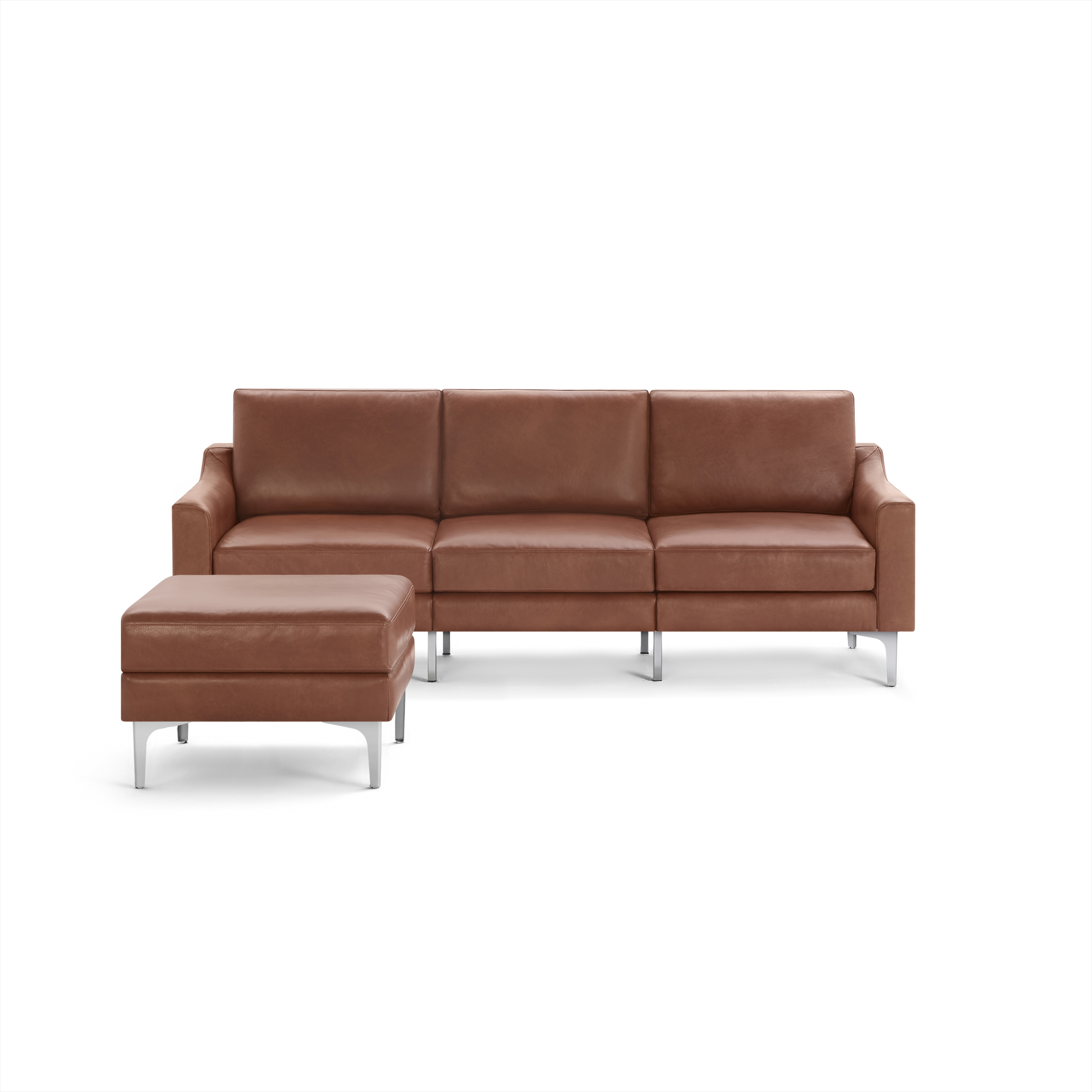 Three-seat modern brown leather sofa with metal legs and a matching square ottoman on the left side.