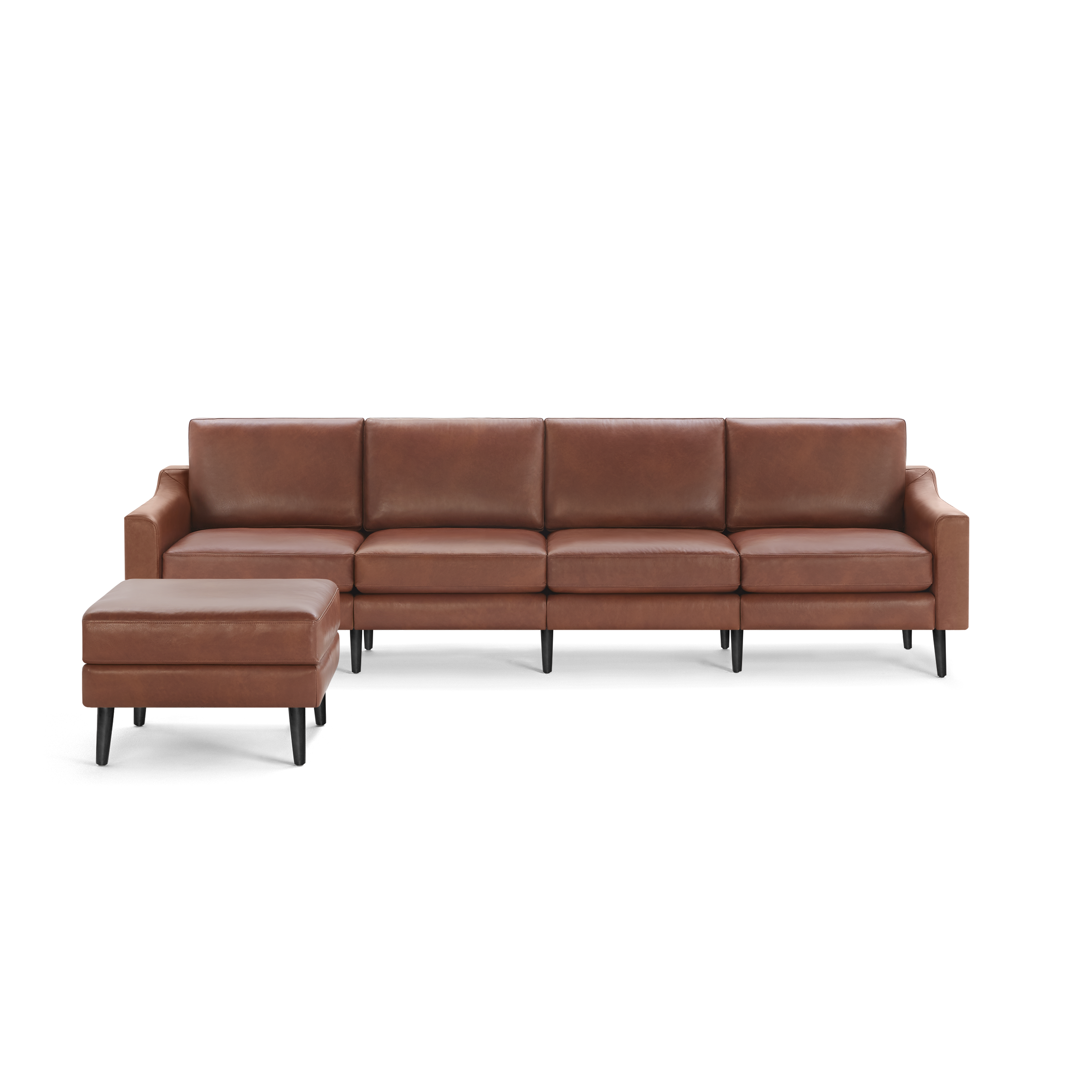Brown leather sectional sofa with a matching ottoman, featuring clean lines and black tapered legs on a transparent background.