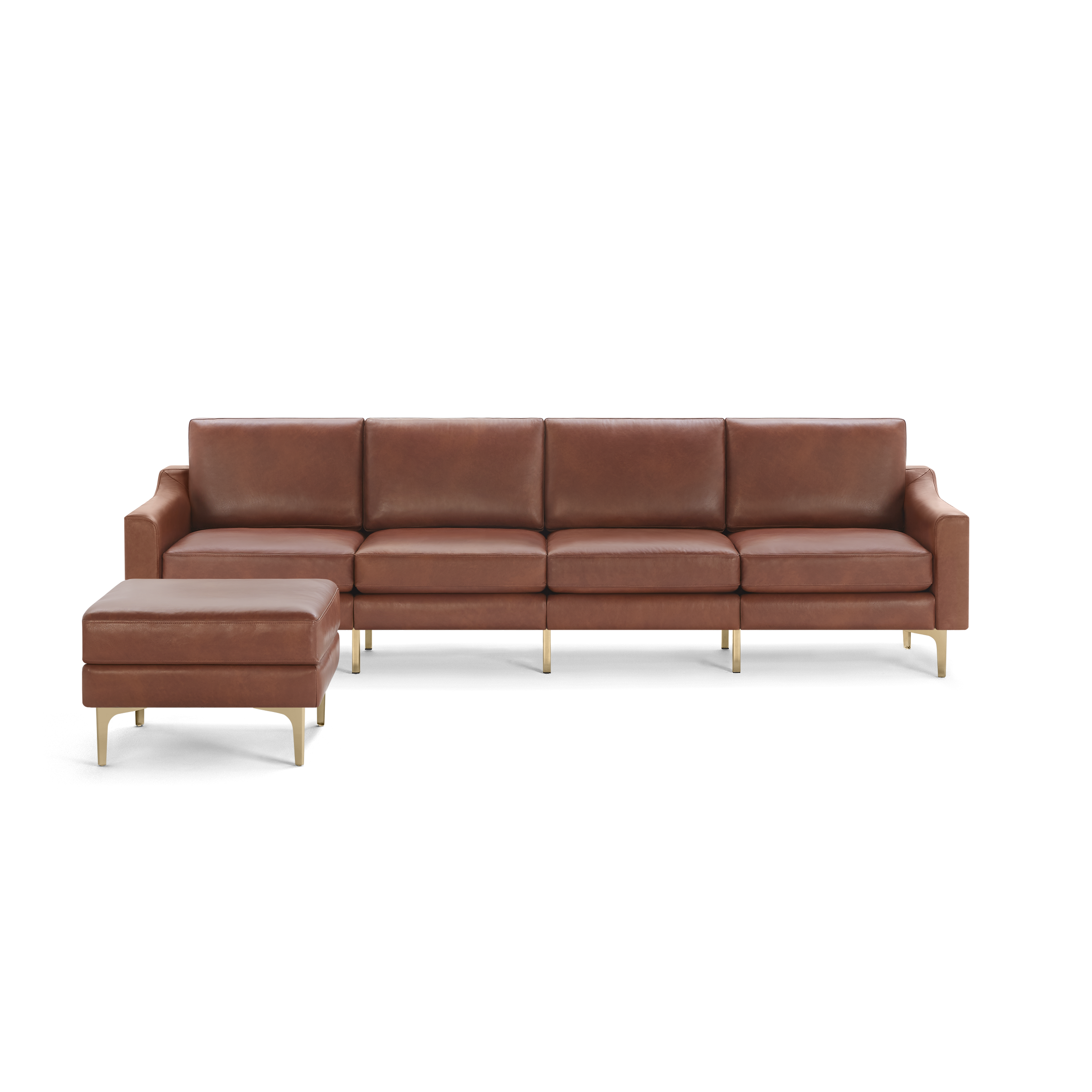 Modern brown leather sectional sofa with matching ottoman, sleek gold metal legs, and clean-lined cushions for contemporary living room.