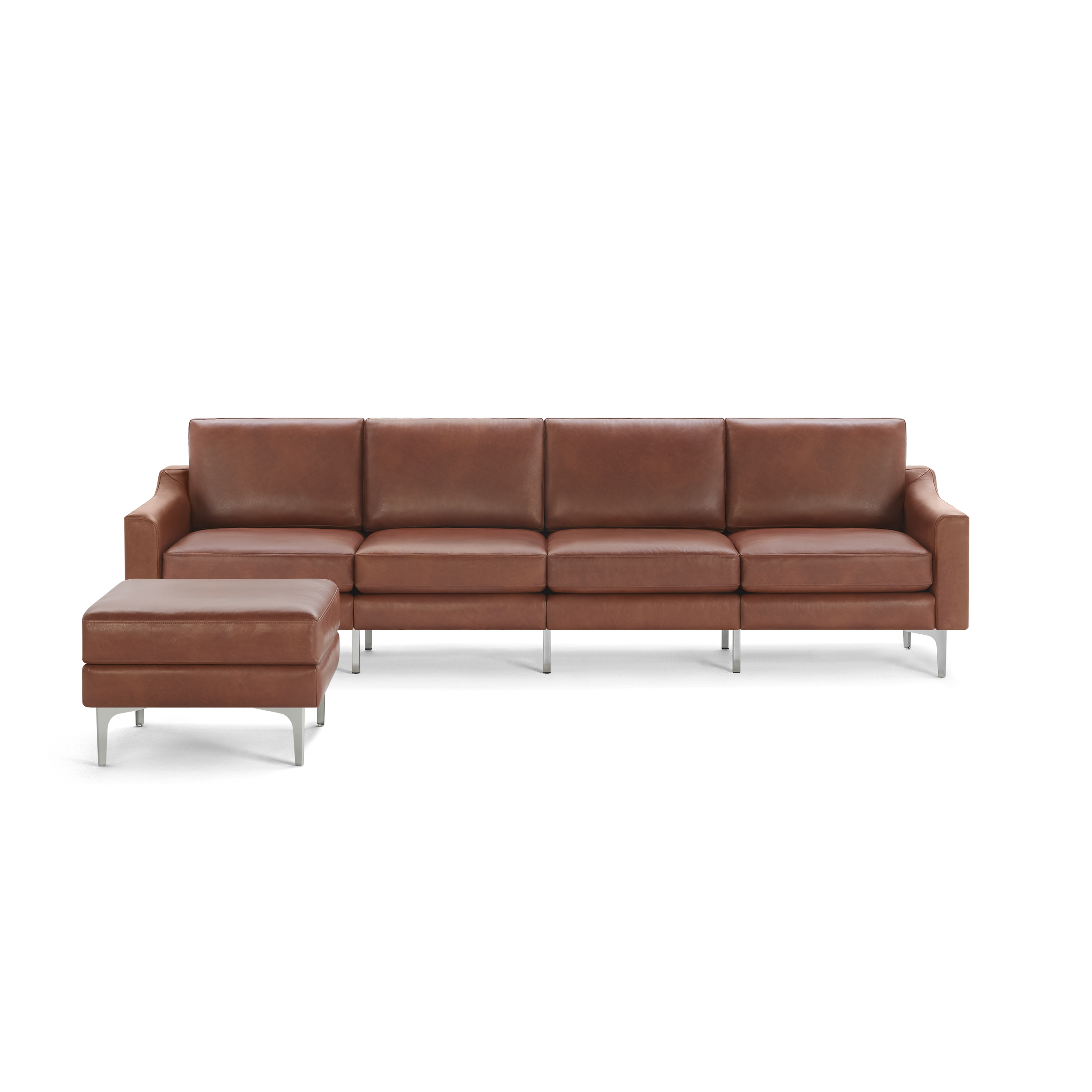 Modern brown leather sectional sofa with clean lines and metal legs, accompanied by a matching ottoman.
