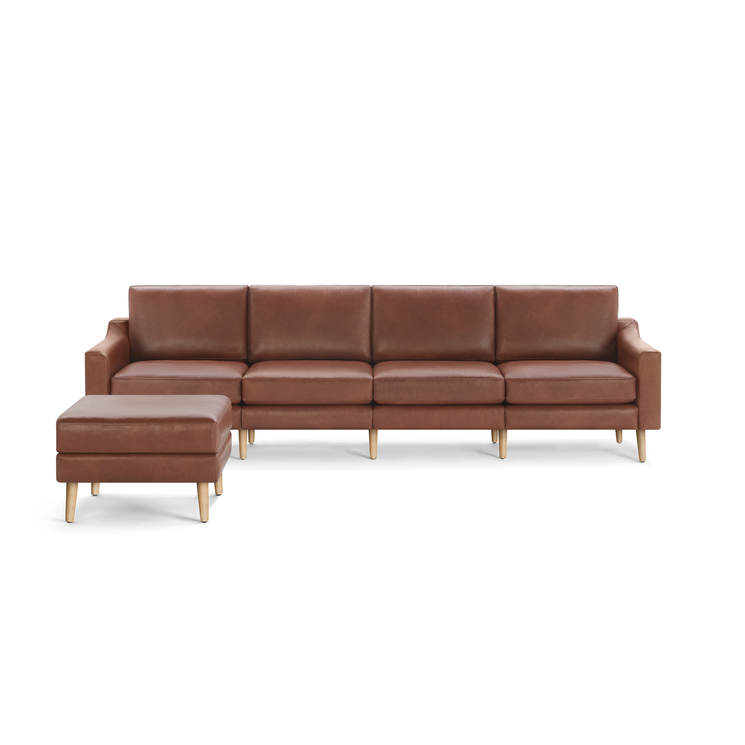 Brown leather sectional sofa with wooden legs and matching ottoman, featuring clean lines and modern design.