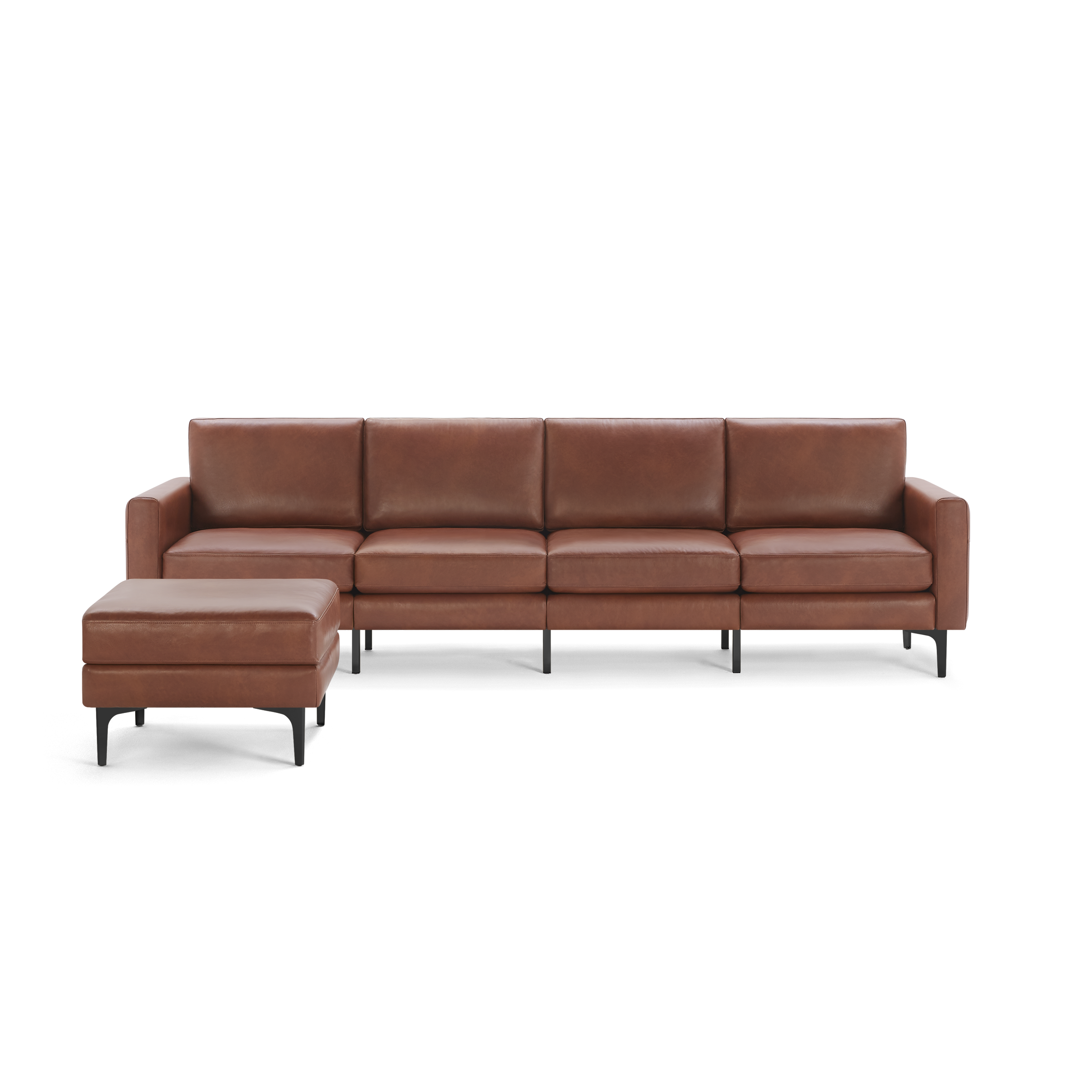 Modern brown leather sectional sofa with clean lines, cushioned seats, a matching ottoman, and black angled legs.