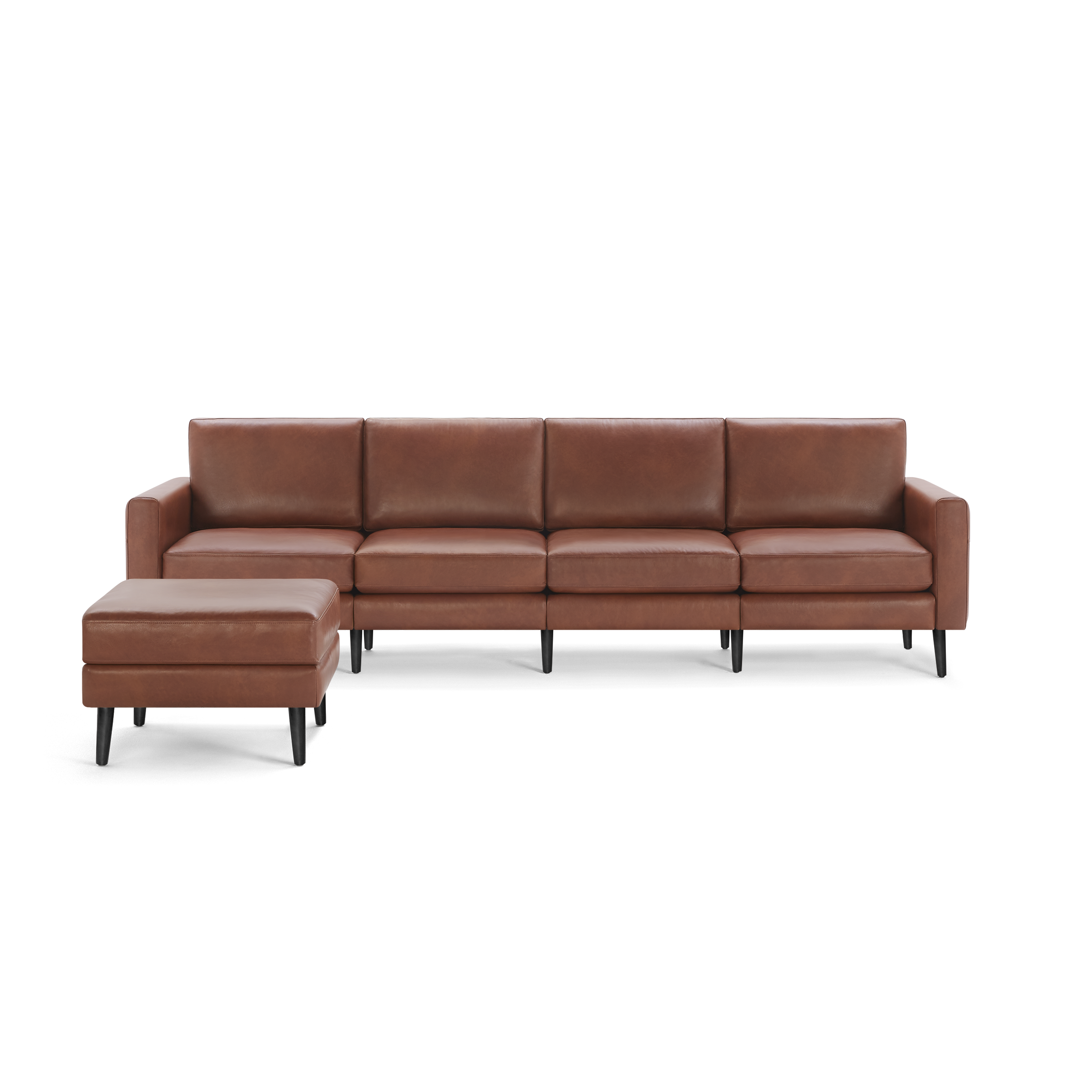 Modern brown leather sectional sofa with clean lines and black tapered legs, paired with matching ottoman on black background.