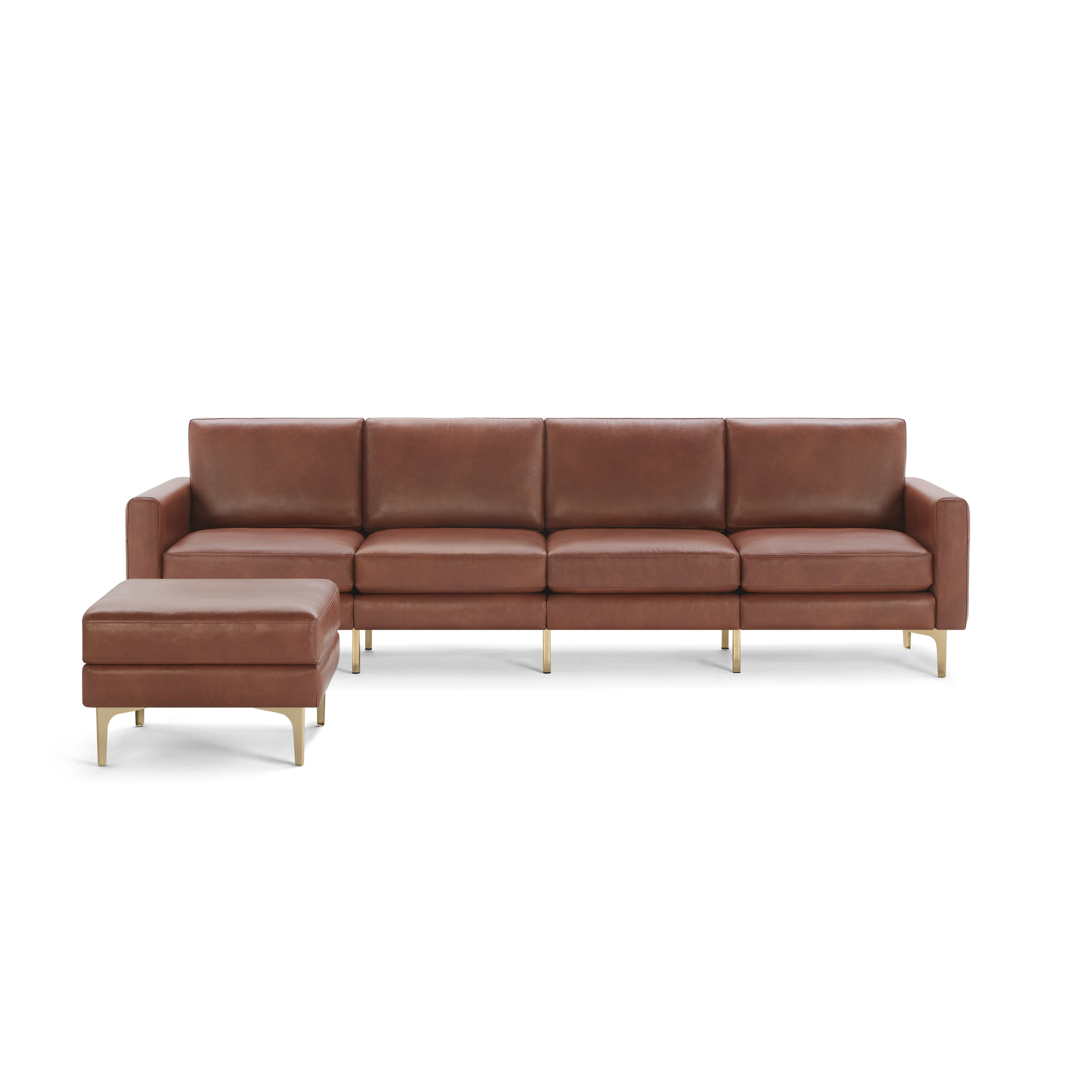 Modern brown leather sectional sofa with matching ottoman, featuring clean lines and gold metal legs.