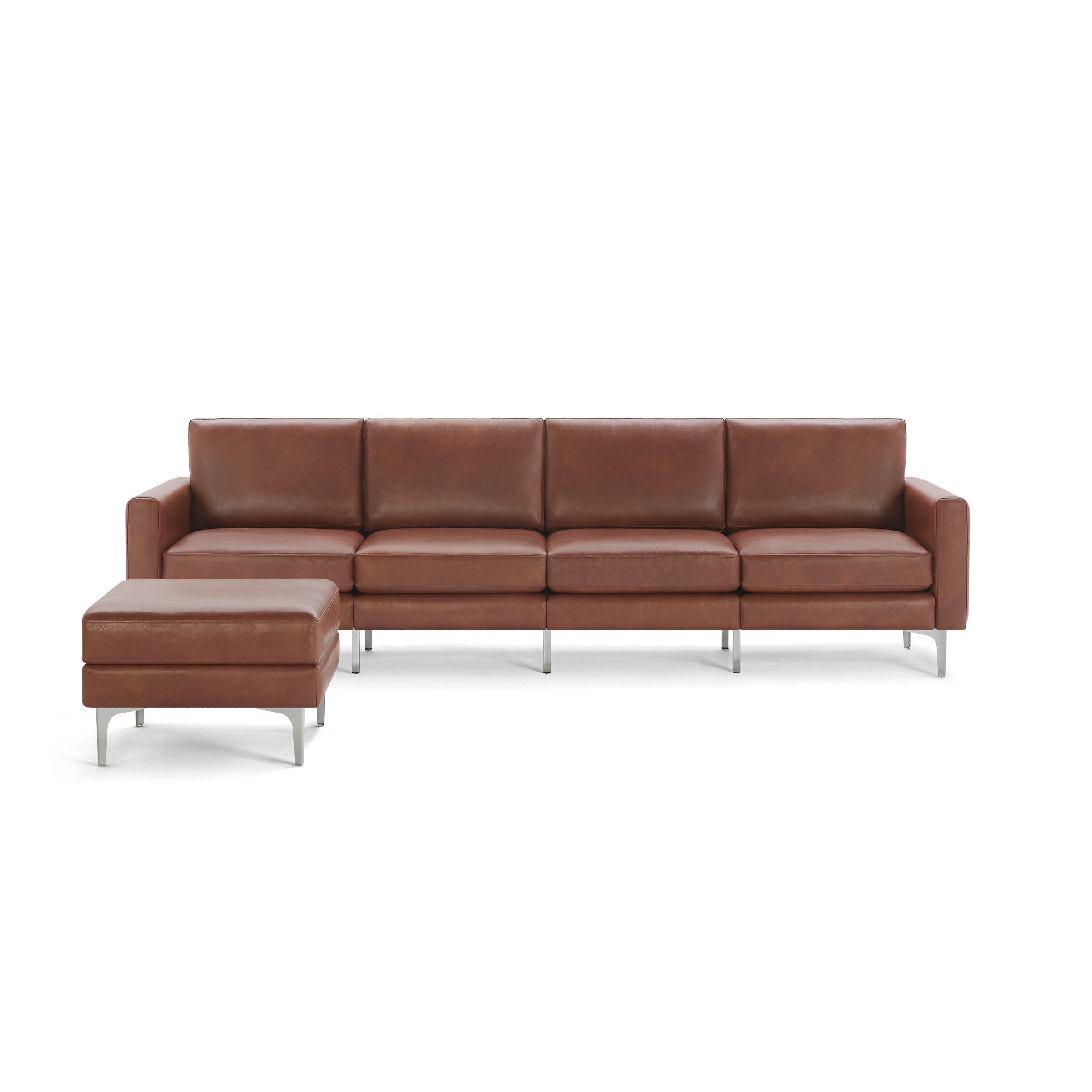 Modern sectional sofa in brown leather with clean lines and a matching square ottoman, supported by metal legs.
