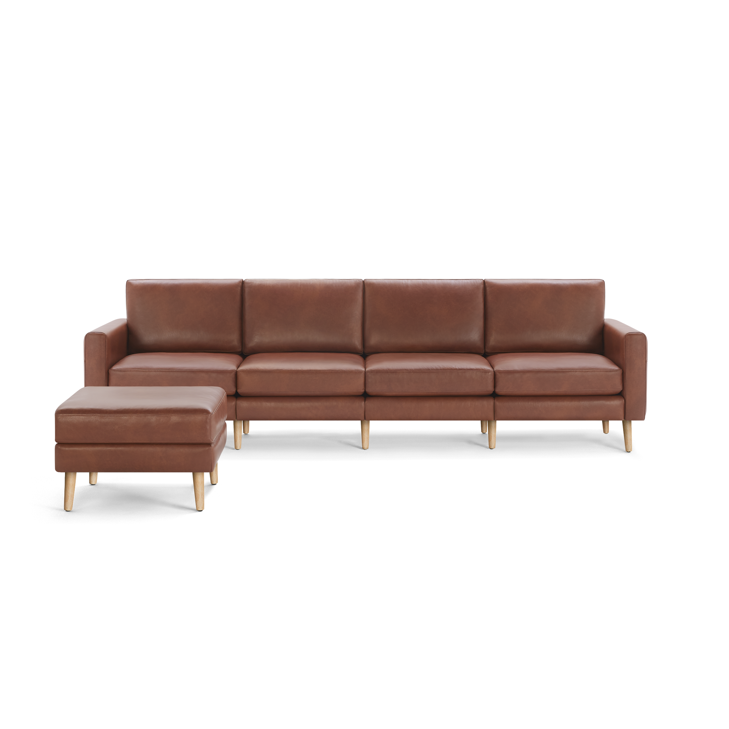 Brown leather sectional sofa with wooden legs, including a left-side ottoman, modern and minimalist design.