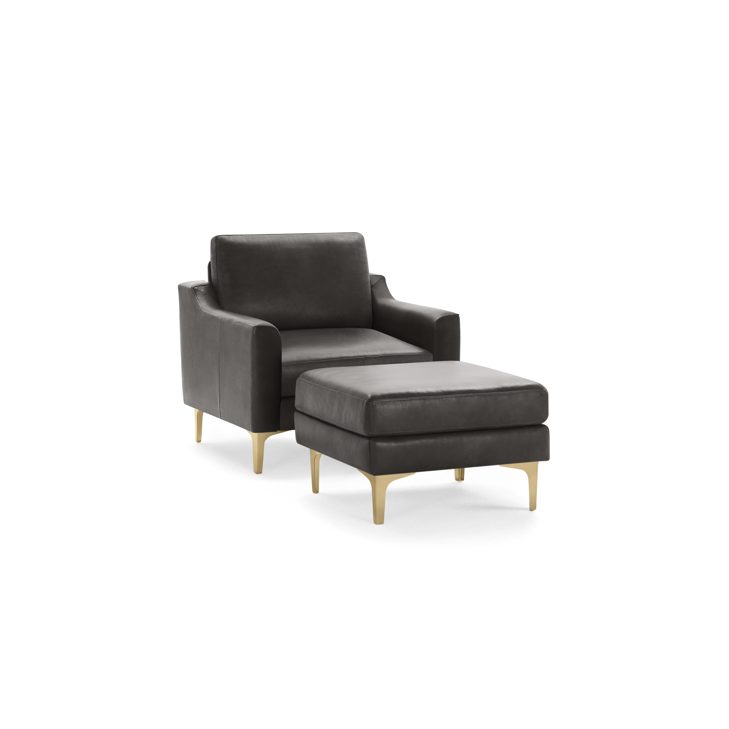Dark gray leather armchair with matching ottoman, both featuring gold metal legs and a modern, minimalist design.