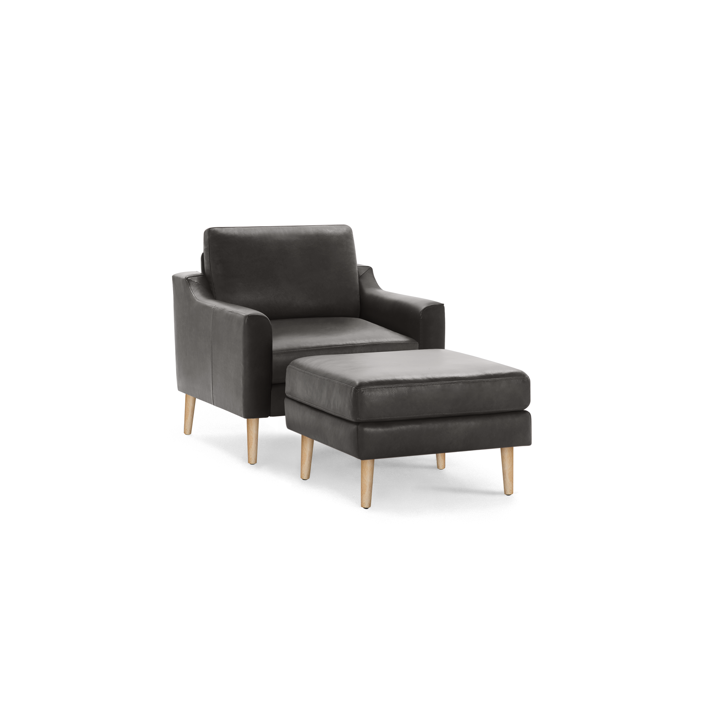 Dark gray upholstered armchair with matching ottoman, both featuring light wooden legs and a minimalist design.