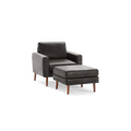 Dark gray upholstered armchair with matching ottoman, both featuring wooden tapered legs, pictured on a transparent background.