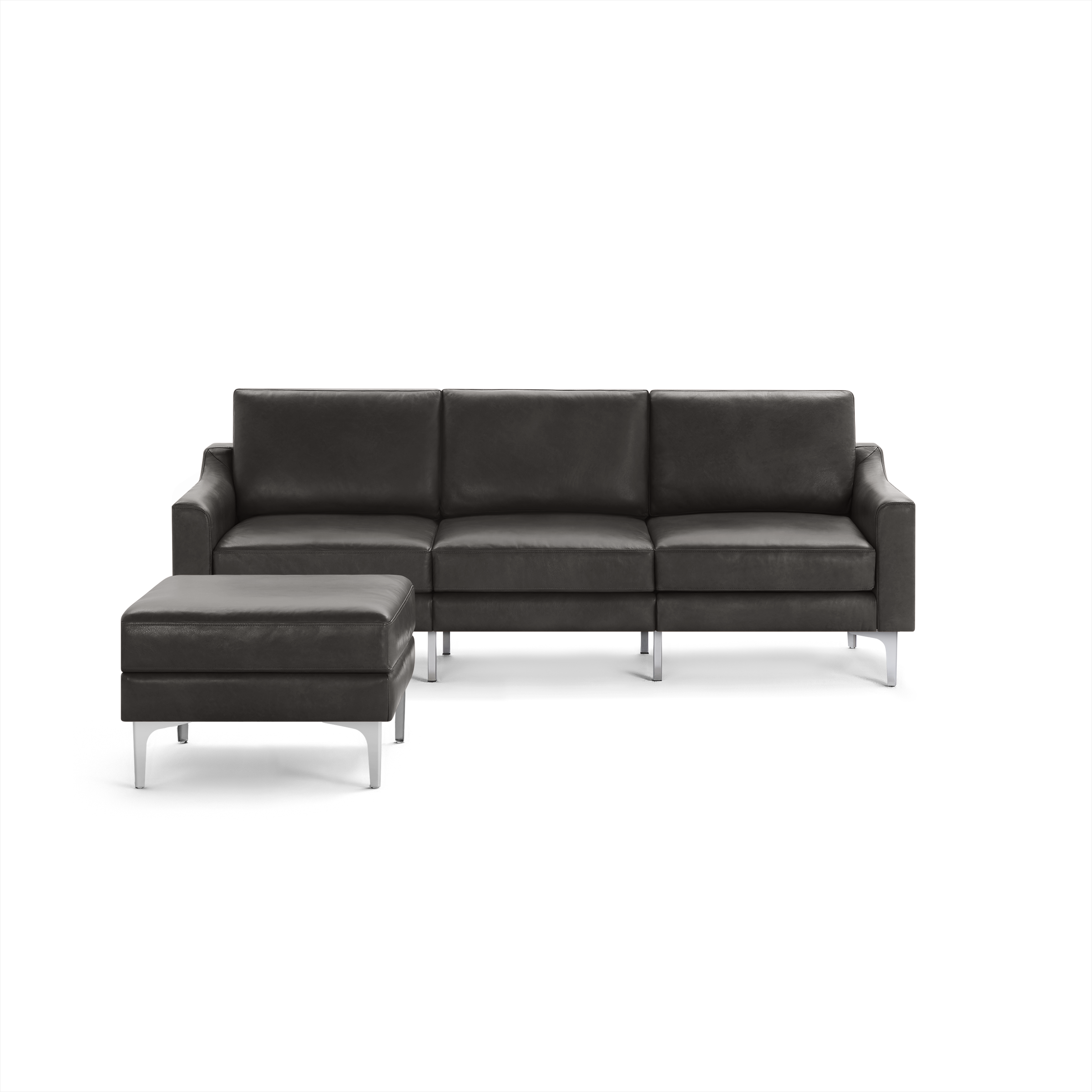 Dark gray leather sectional sofa with chaise lounge on metal legs, featuring clean lines and modern design.