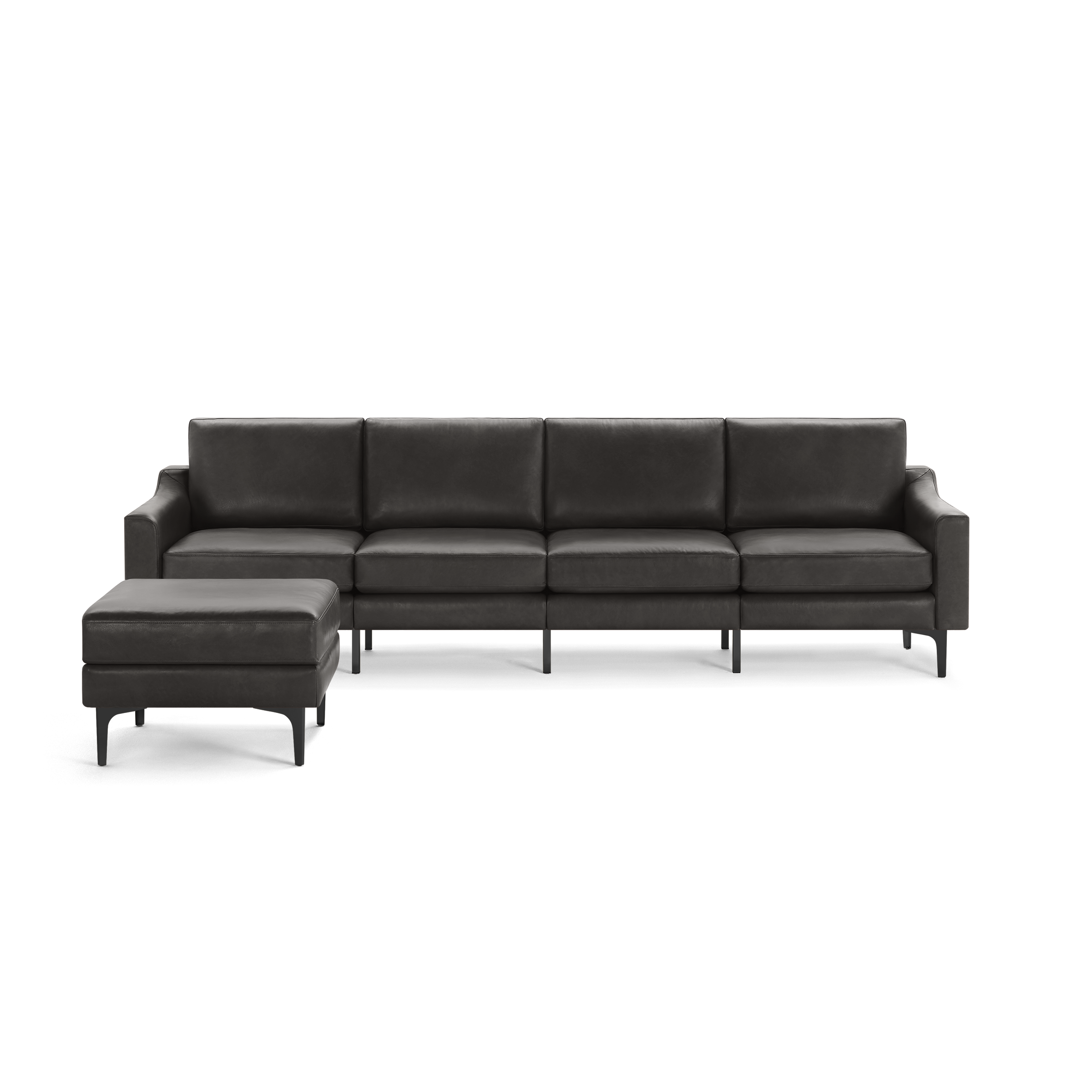 Modern dark gray leather sectional sofa with left chaise lounge and metal legs, offering sleek and comfortable seating for living rooms.