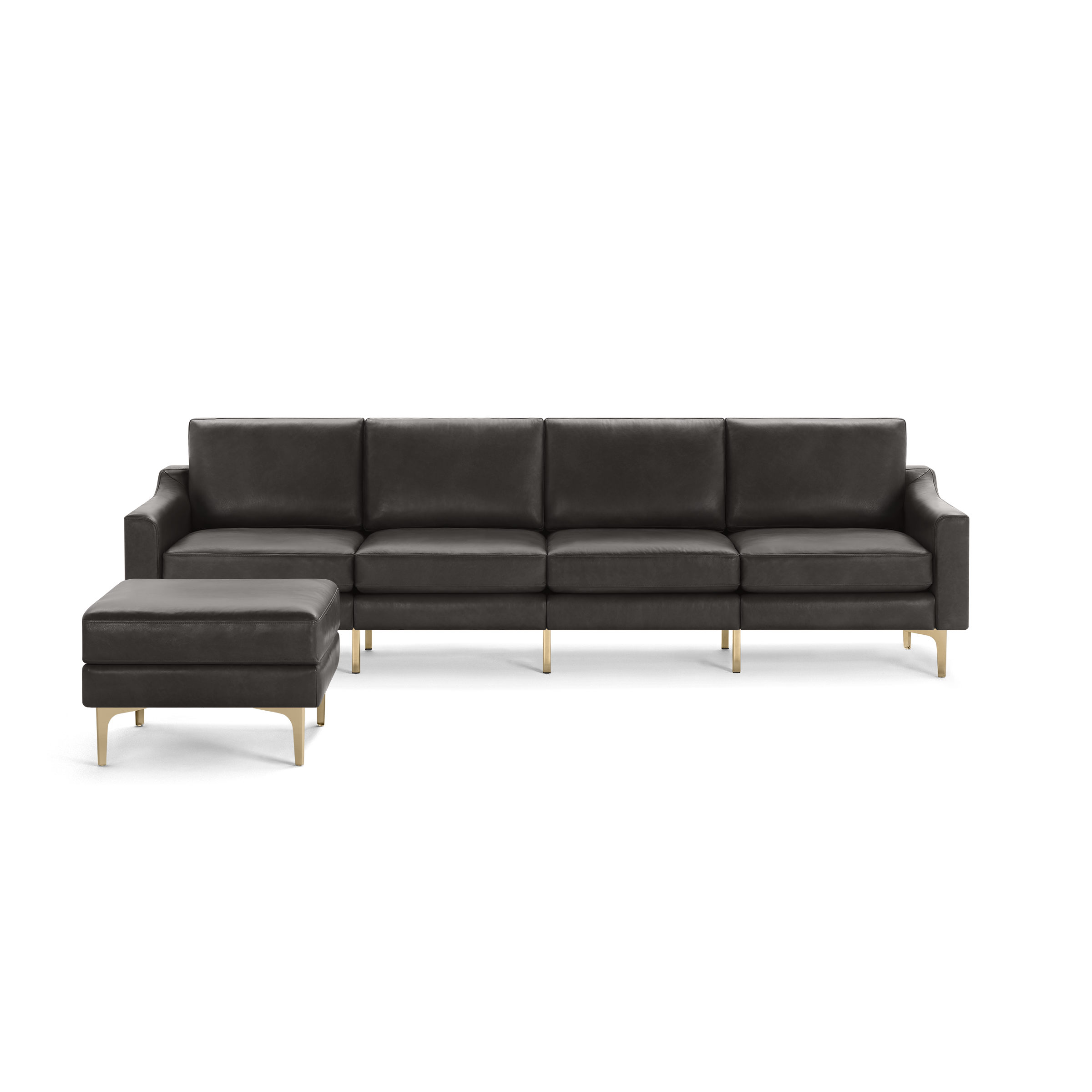 Dark gray leather sectional sofa with chaise lounge on left, straight arms, cushioned seats, and gold metal legs.