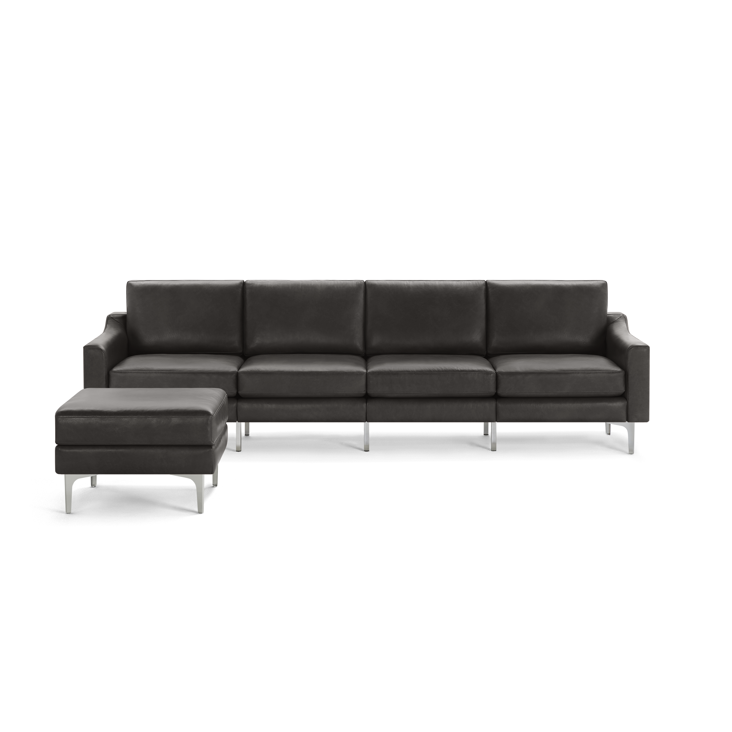 Modern dark gray leather sectional sofa with metal legs, featuring a left chaise lounge and straight armrests.