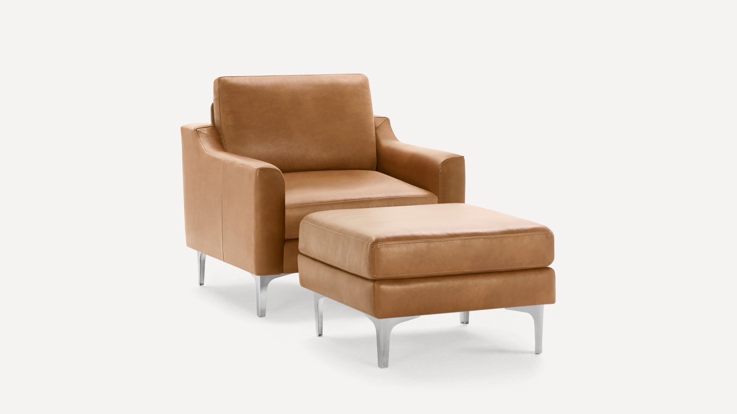 Nomad Plus Leather Club Chair with Ottoman - Camel - Top Grain Leather / Chrome - Metal / Slope Arm
