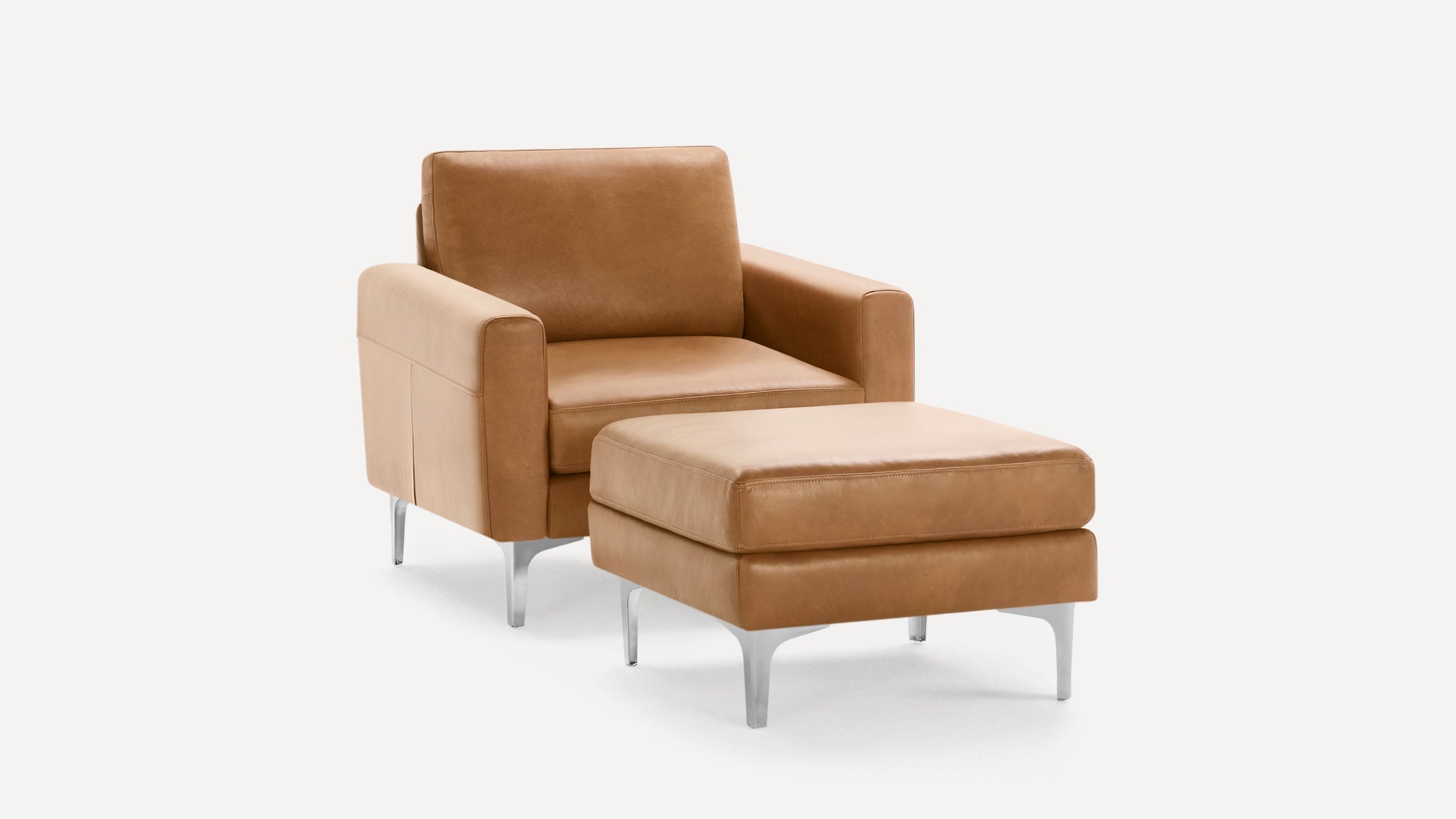 Nomad Plus Leather Club Chair with Ottoman - Camel - Top Grain Leather / Chrome - Metal / Block Arm