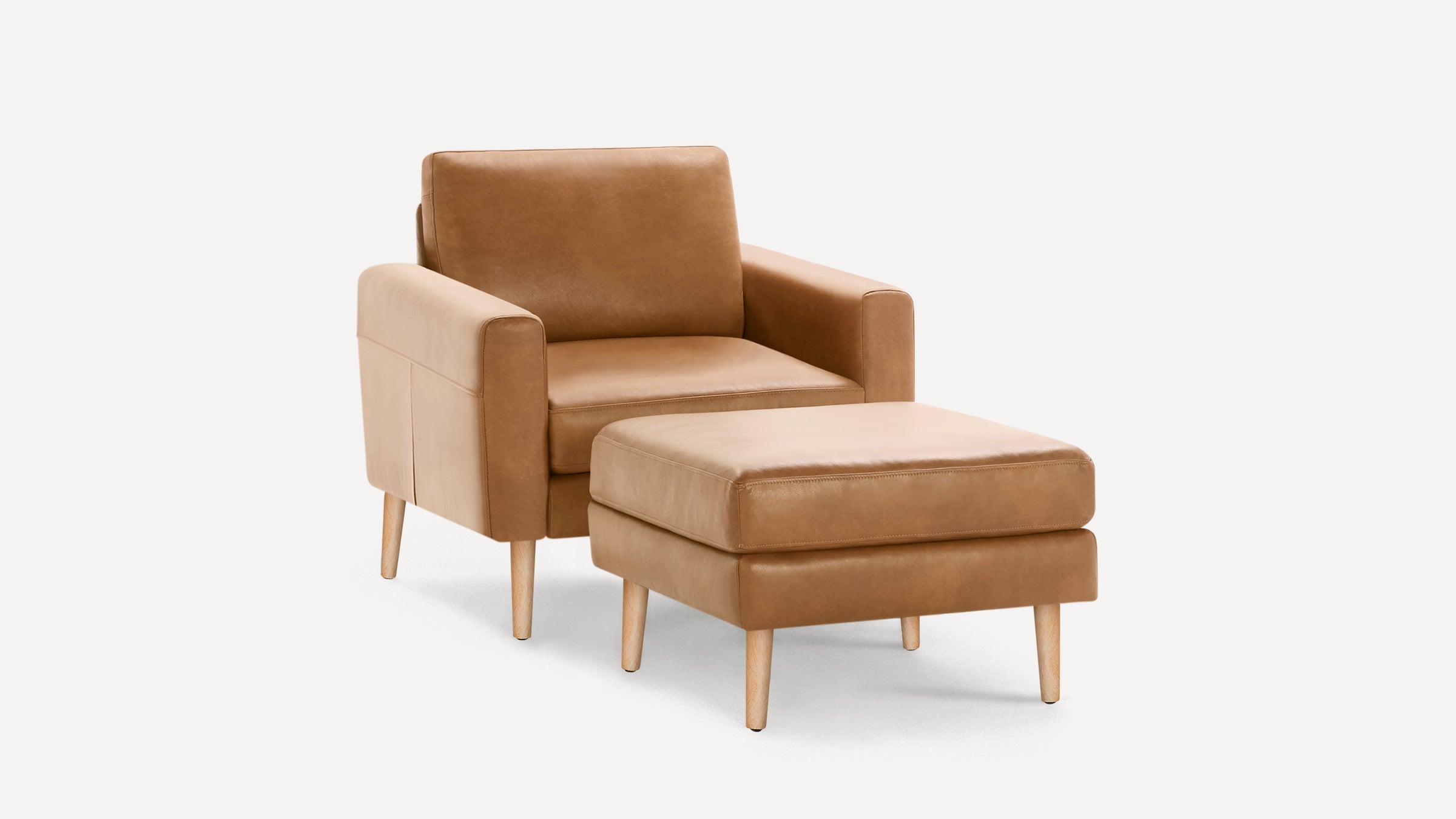 Nomad Plus Leather Club Chair with Ottoman - Camel - Top Grain Leather / Oak - Wood / Block Arm