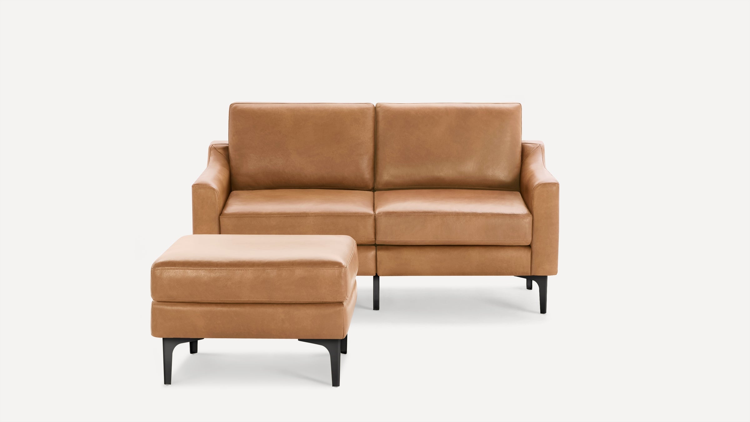 Nomad Plus Leather Loveseat with Ottoman - Camel - Top Grain Leather / Black - Metal / Slope Arm