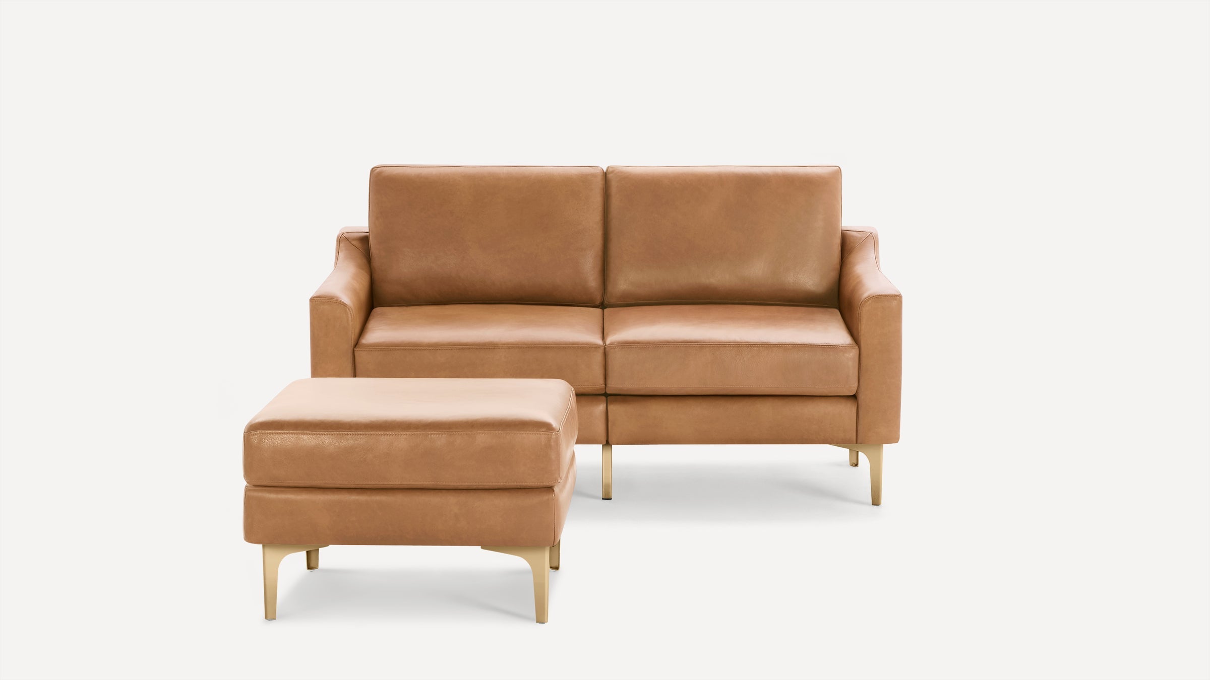 Nomad Plus Leather Loveseat with Ottoman - Camel - Top Grain Leather / Brass - Metal / Slope Arm