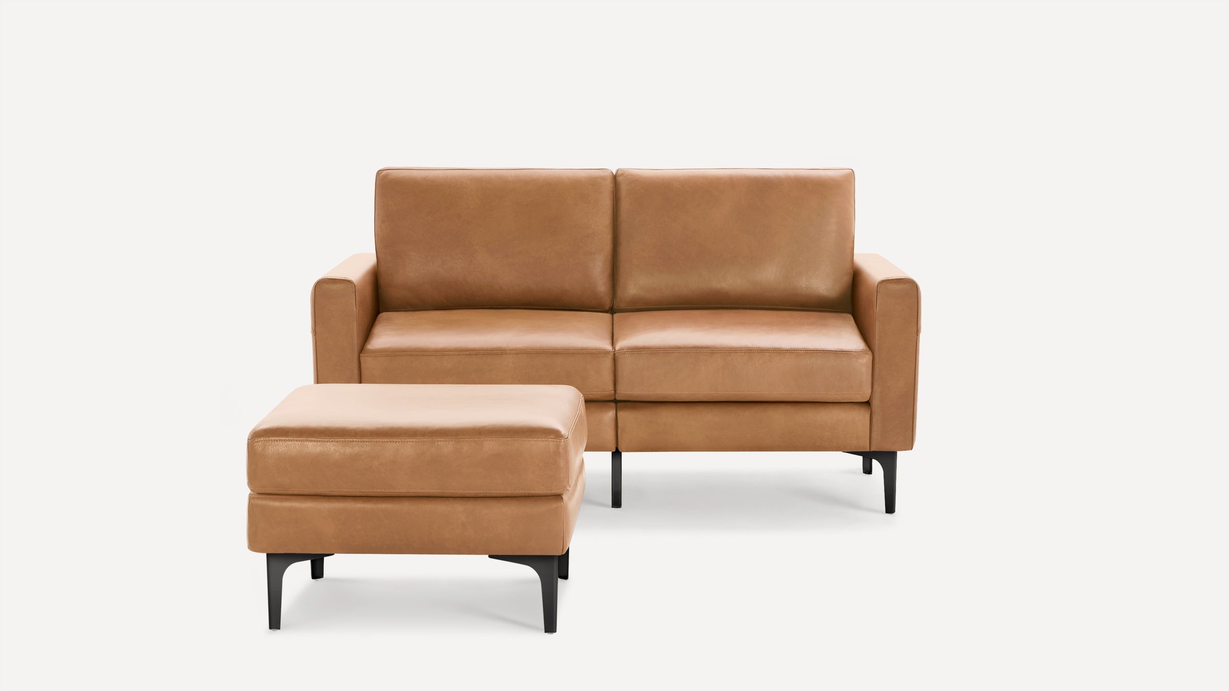 Nomad Plus Leather Loveseat with Ottoman - Camel - Top Grain Leather / Black - Metal / Block Arm