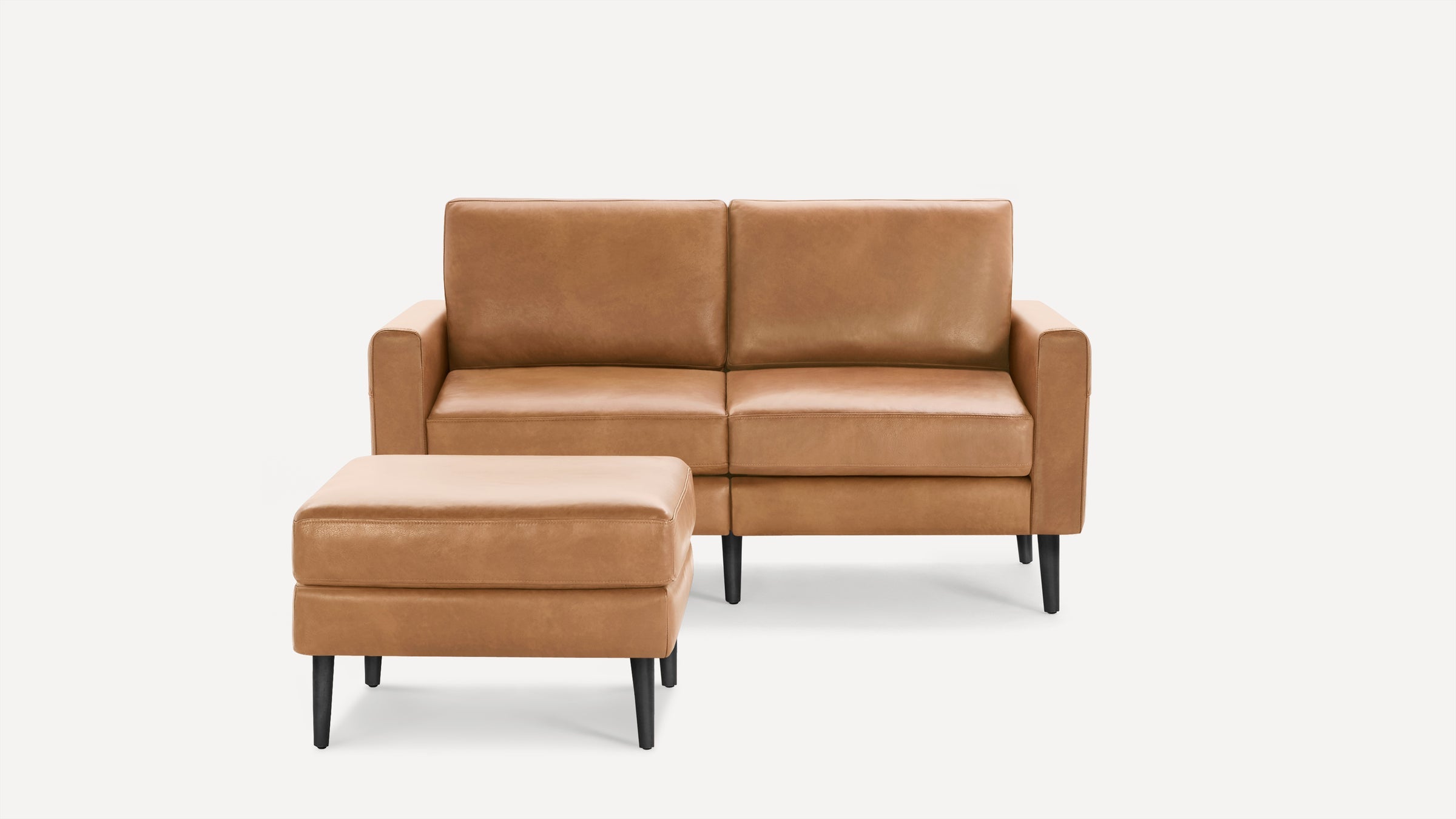 Nomad Plus Leather Loveseat with Ottoman - Camel - Top Grain Leather / Ebony - Wood / Block Arm