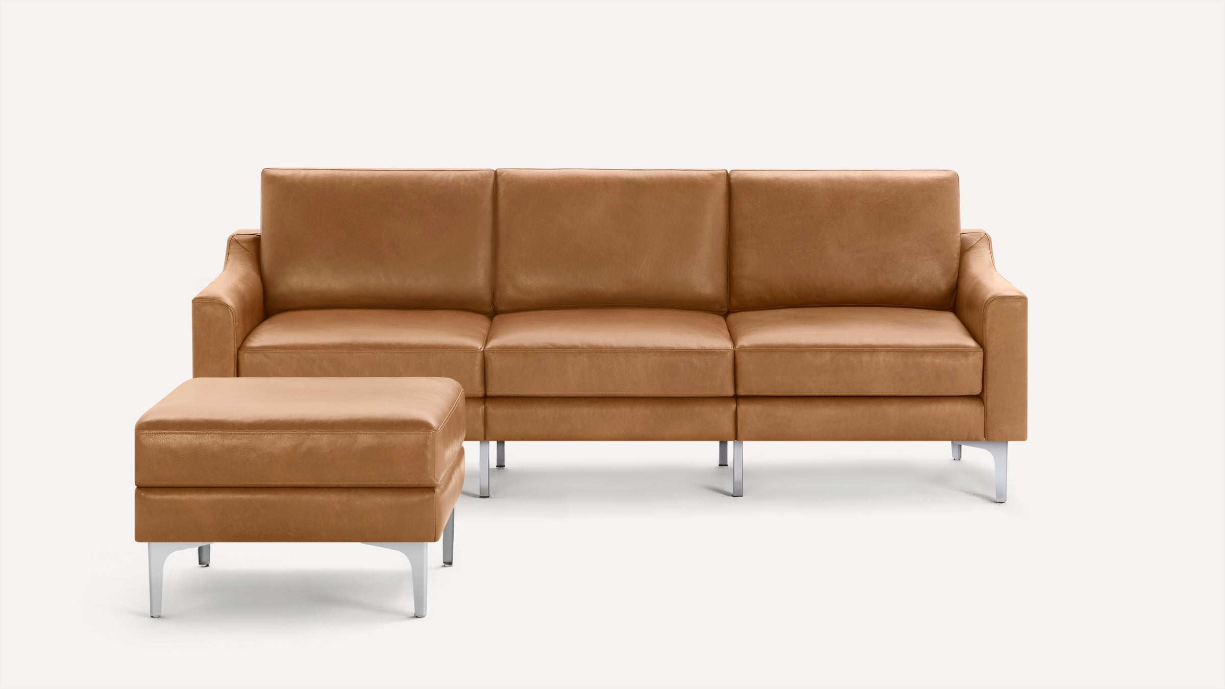 Nomad Plus Leather Sofa with Ottoman - Camel - Top Grain Leather / Chrome - Metal / Slope Arm