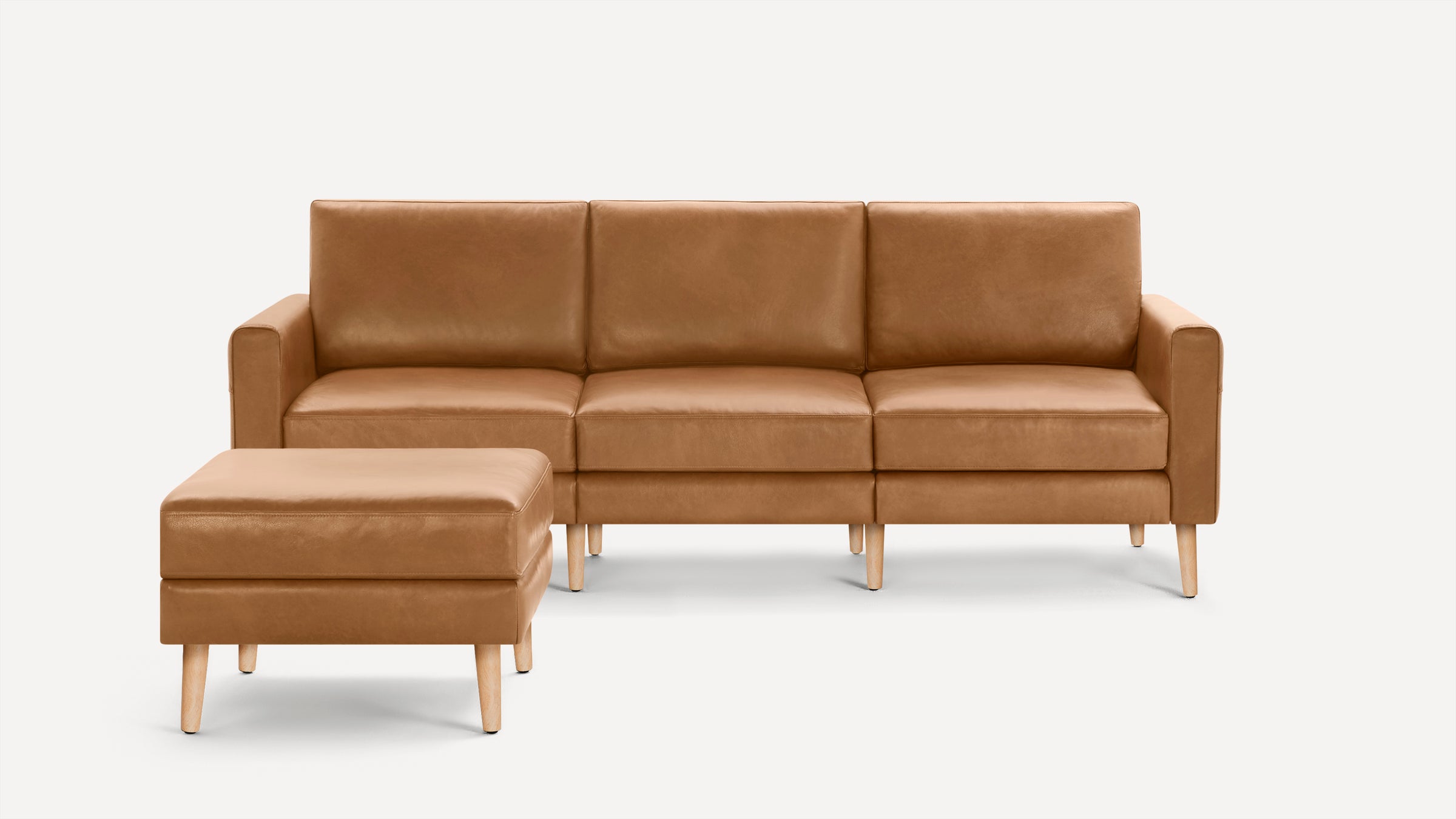 Nomad Plus Leather Sofa with Ottoman - Camel - Top Grain Leather / Oak - Wood / Block Arm