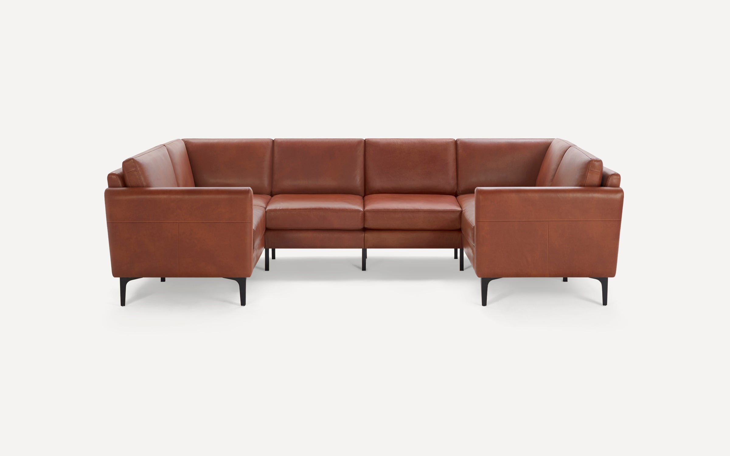 Modern brown leather U-shaped sectional sofa with sleek black metal legs and clean lines on white background.
