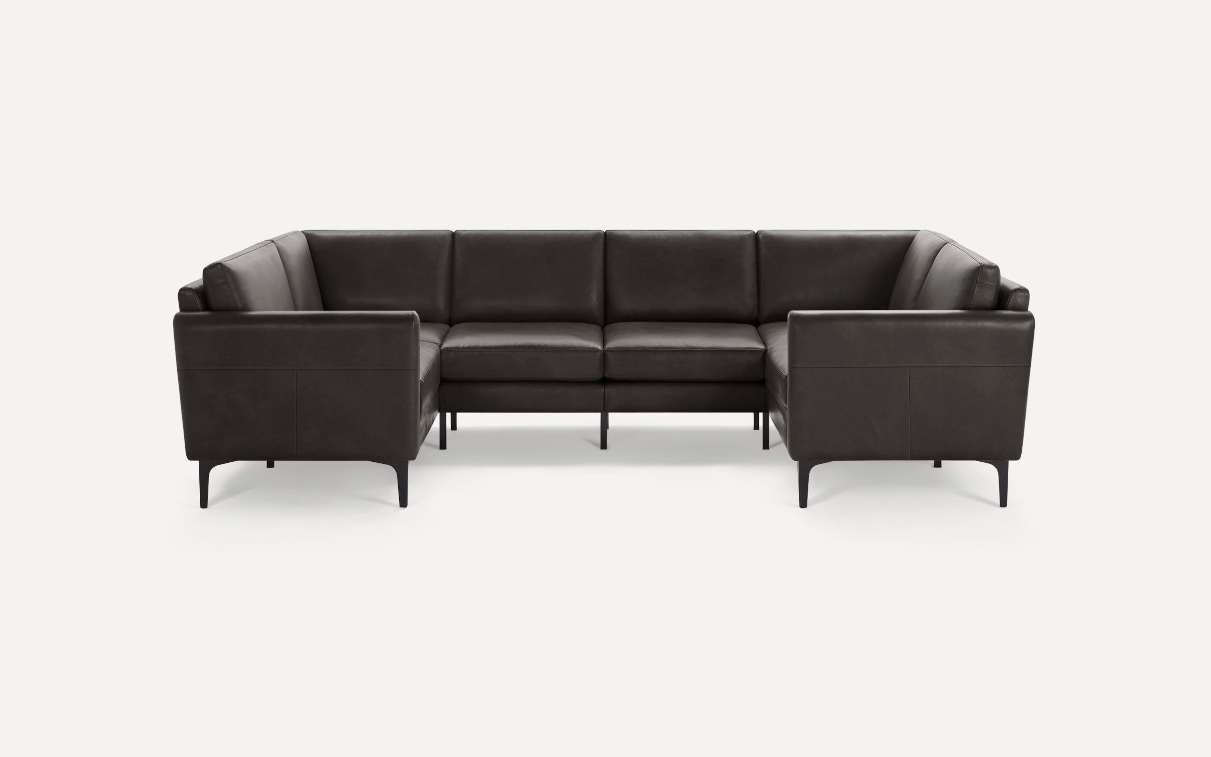Modern dark brown leather sectional sofa with clean lines, square arms, and slim black metal legs, set against a plain white background.