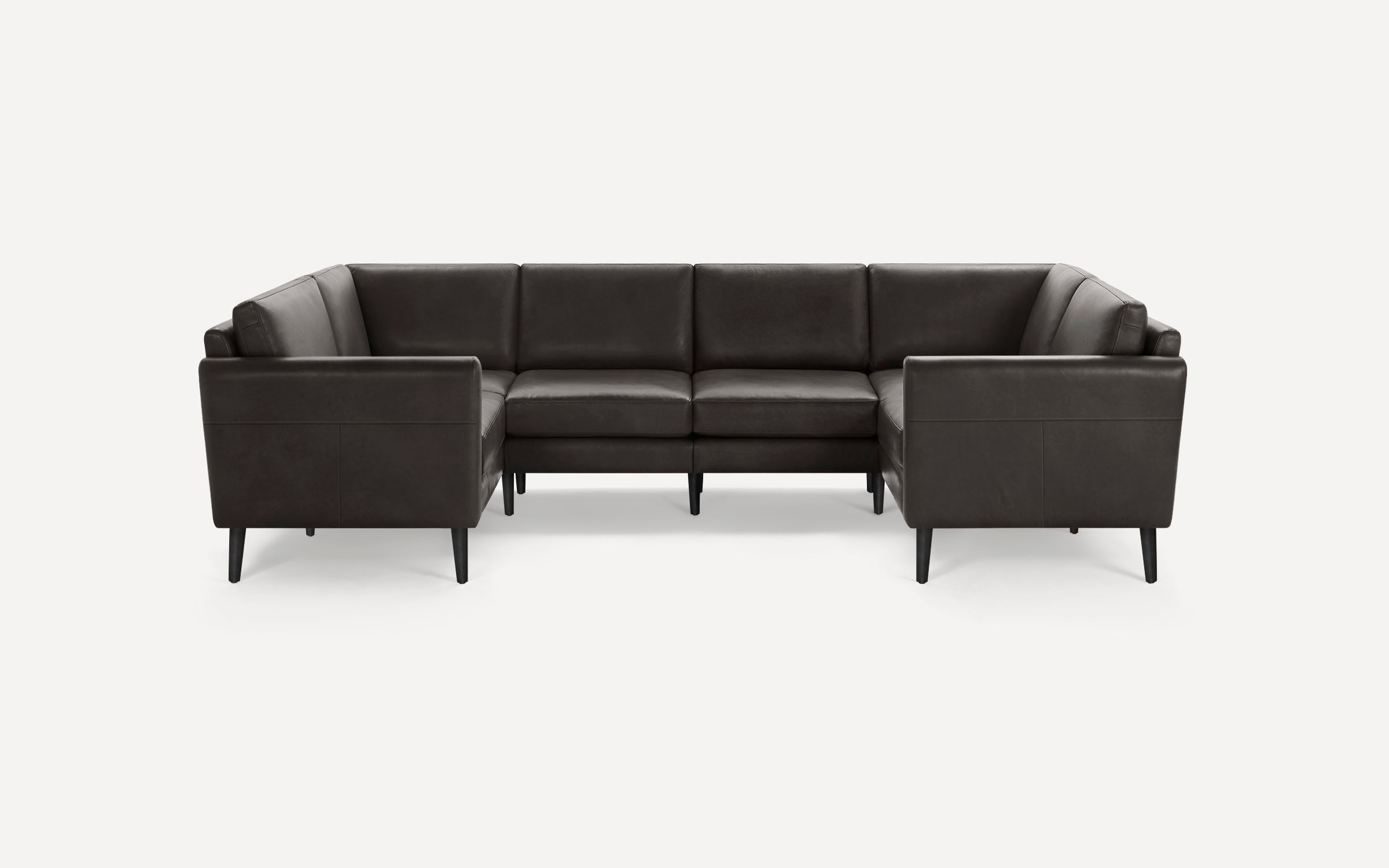 Dark brown leather U-shaped sectional sofa with clean lines, square arms, and black tapered legs on a white background.