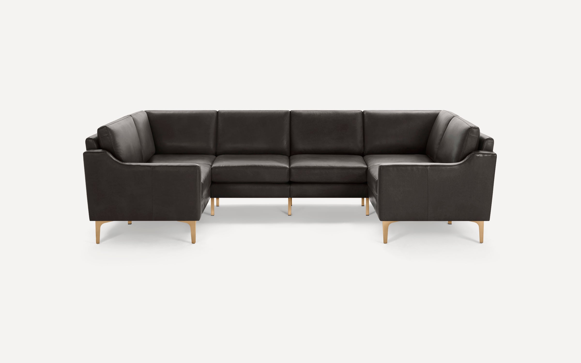 Modern dark brown leather U-shaped sectional sofa with clean lines and wooden legs on white background.