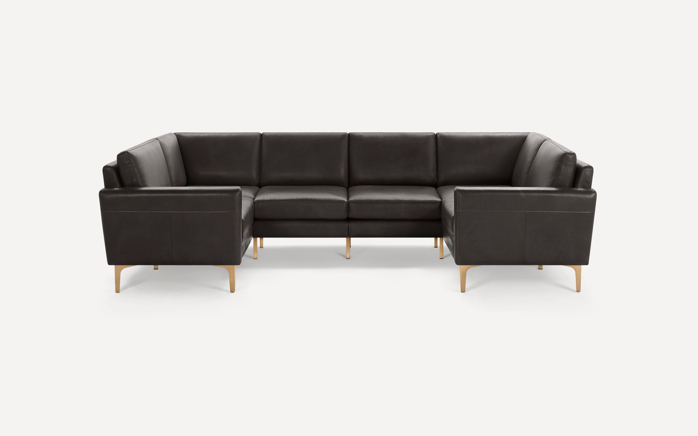 Dark brown leather U-shaped sectional sofa with clean lines and gold metal legs, set against a white background.