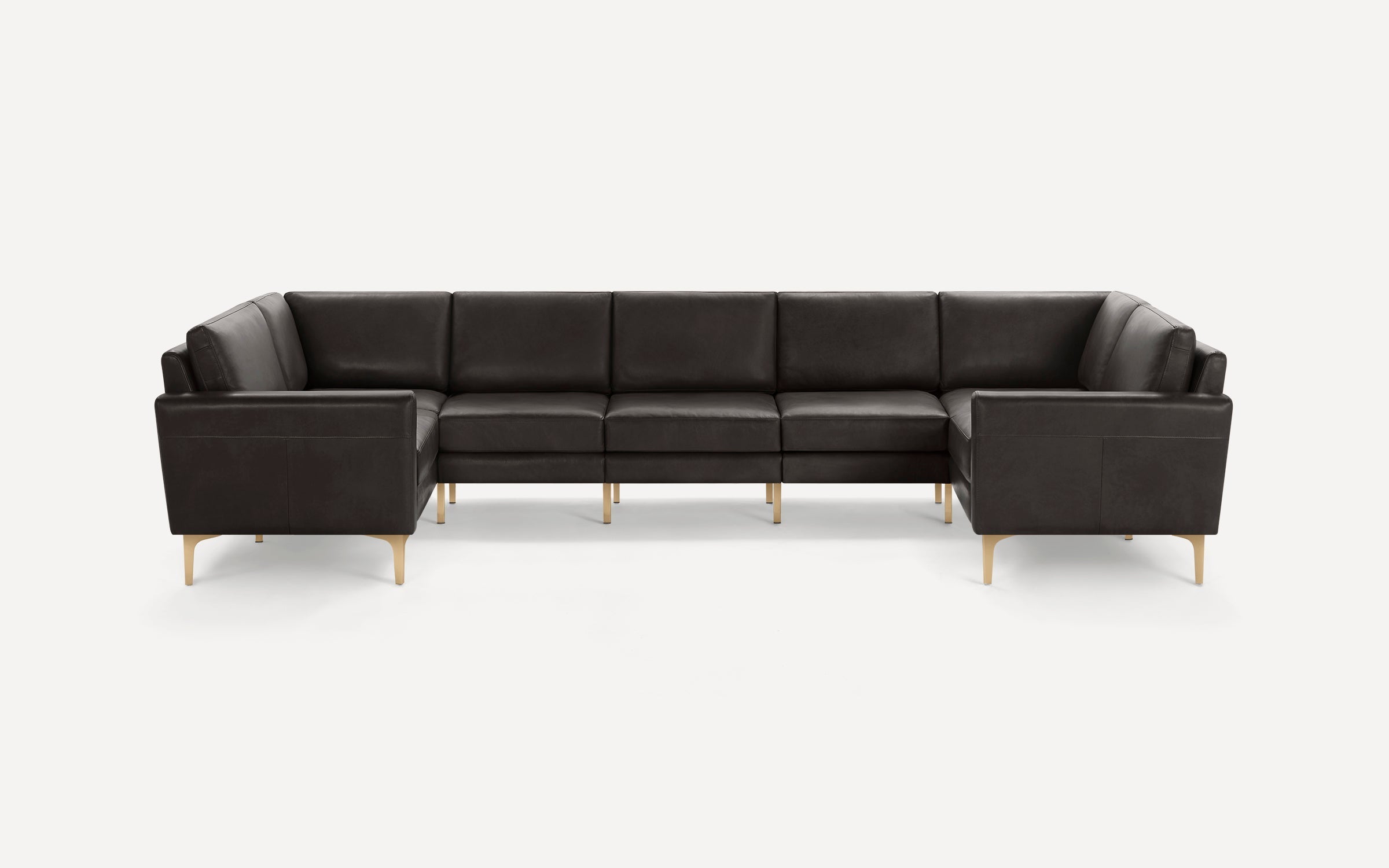Modern dark brown leather U-shaped sectional sofa with gold metal legs, featuring clean lines and padded cushions.