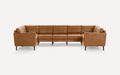 Modern L-shaped sectional sofa with tan leather upholstery, cushioned seats, and sleek wooden legs on a white background.