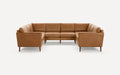 Modern U-shaped sectional sofa in caramel brown leather with clean lines and wooden legs on a white background.