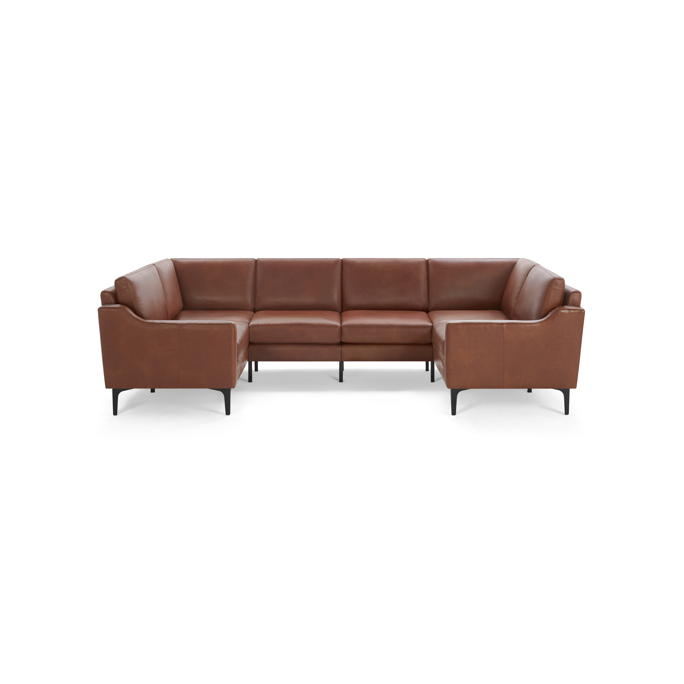 Large U-shaped sectional sofa in brown leather with cushioned seats and backrests, supported by slim black legs.