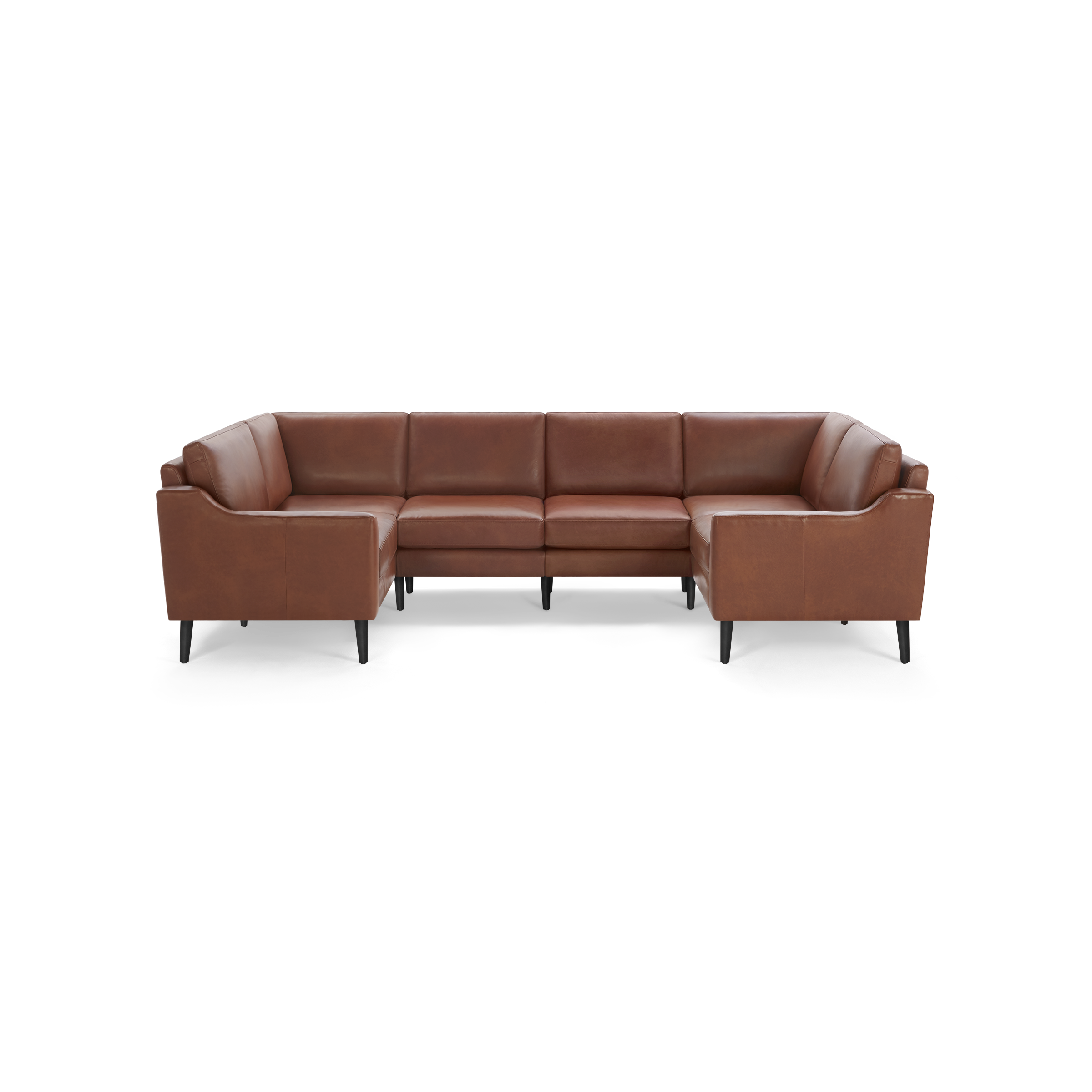 Brown leather U-shaped sectional sofa with clean lines, cushioned seats, and black tapered legs, providing ample comfortable seating.