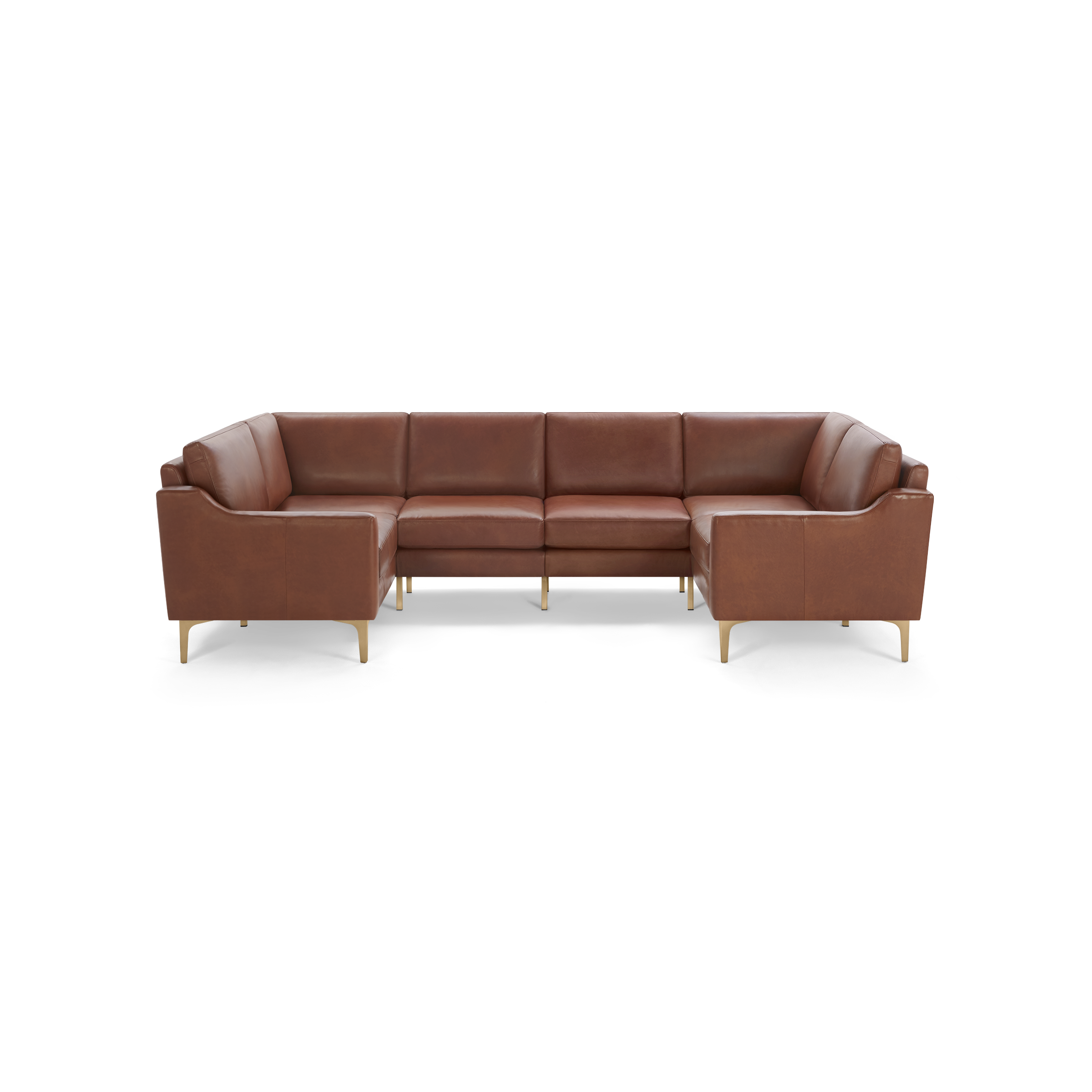 Brown leather U-shaped sectional sofa with clean lines, cushioned seats, and angled wooden legs against a transparent background.
