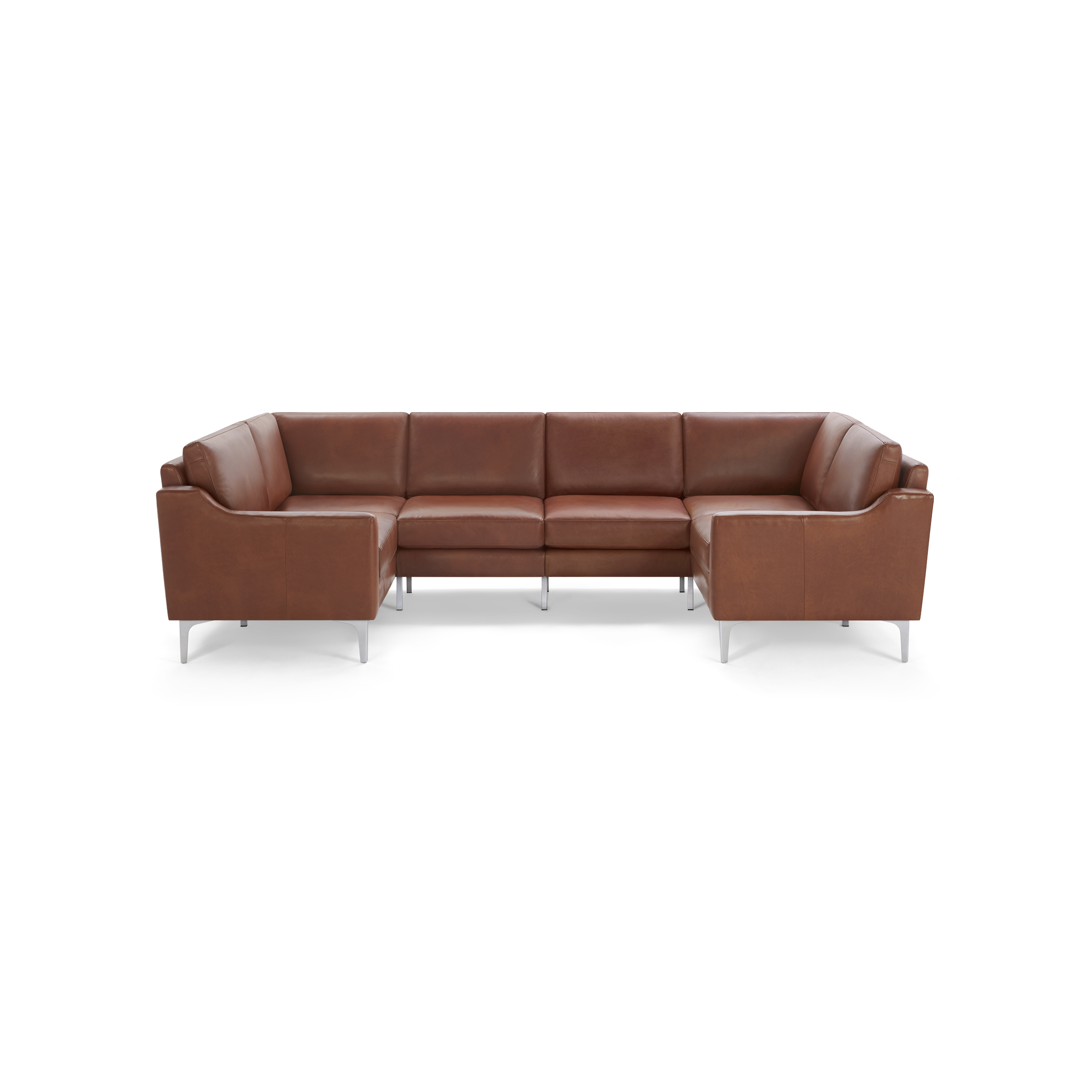 Brown leather U-shaped sectional sofa with clean lines, square arms, and slim metal legs on black background.
